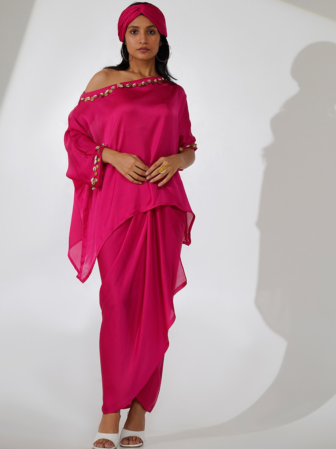 indy Raaga Asymmetric Neck Embellishment Top With Draped Skirt