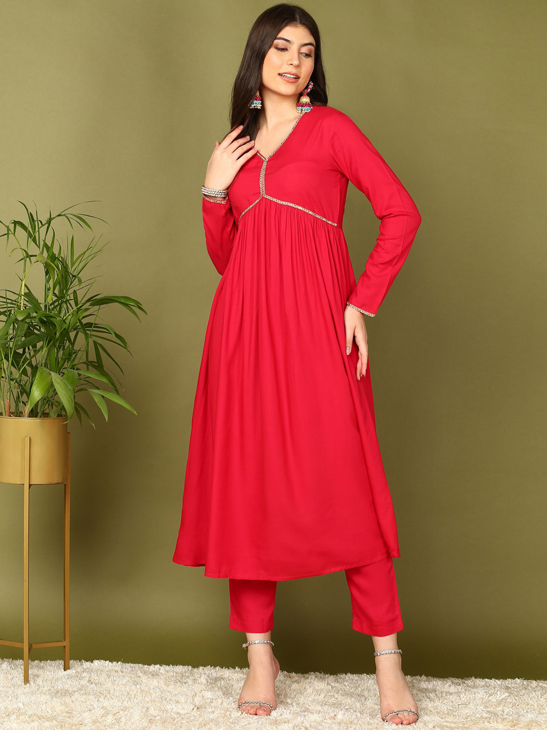 HERE&NOW Red Anarkali Gotta Patti Kurta with Trousers