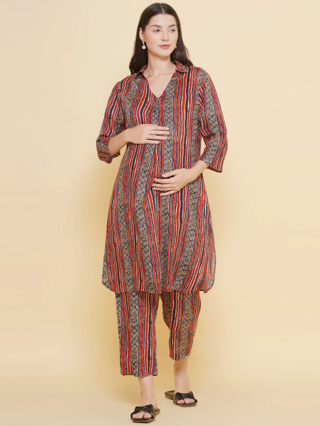 Mine4Nine Striped Shirt Collar Maternity A-Line Kurta With Trousers