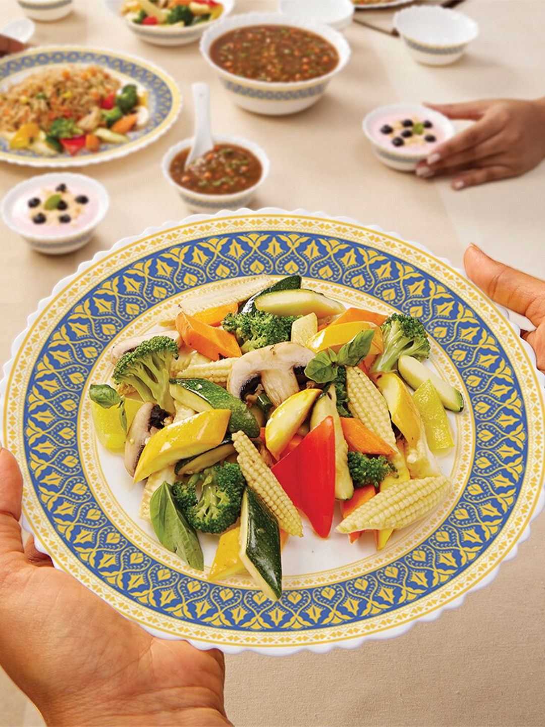 Larah by BOROSIL White & Blue 28 Pieces Printed Opalware Glossy Dinner Set