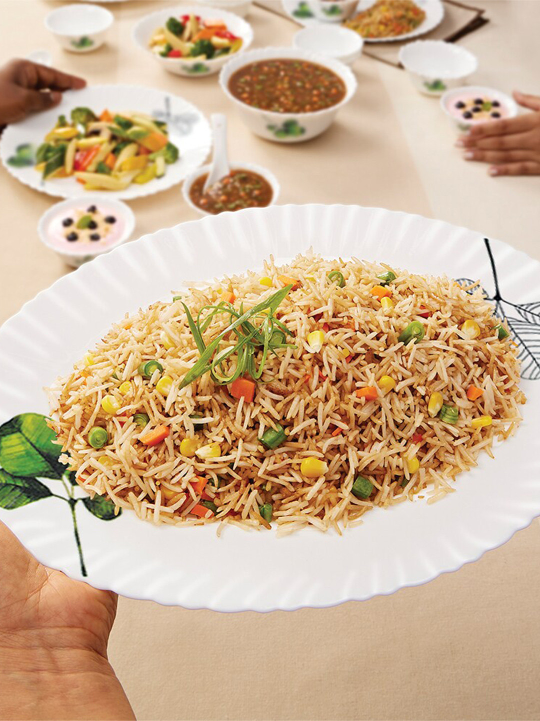 Larah by BOROSIL Fluted Oval White & Green 21 Pieces Printed Opalware Glossy Dinner Set