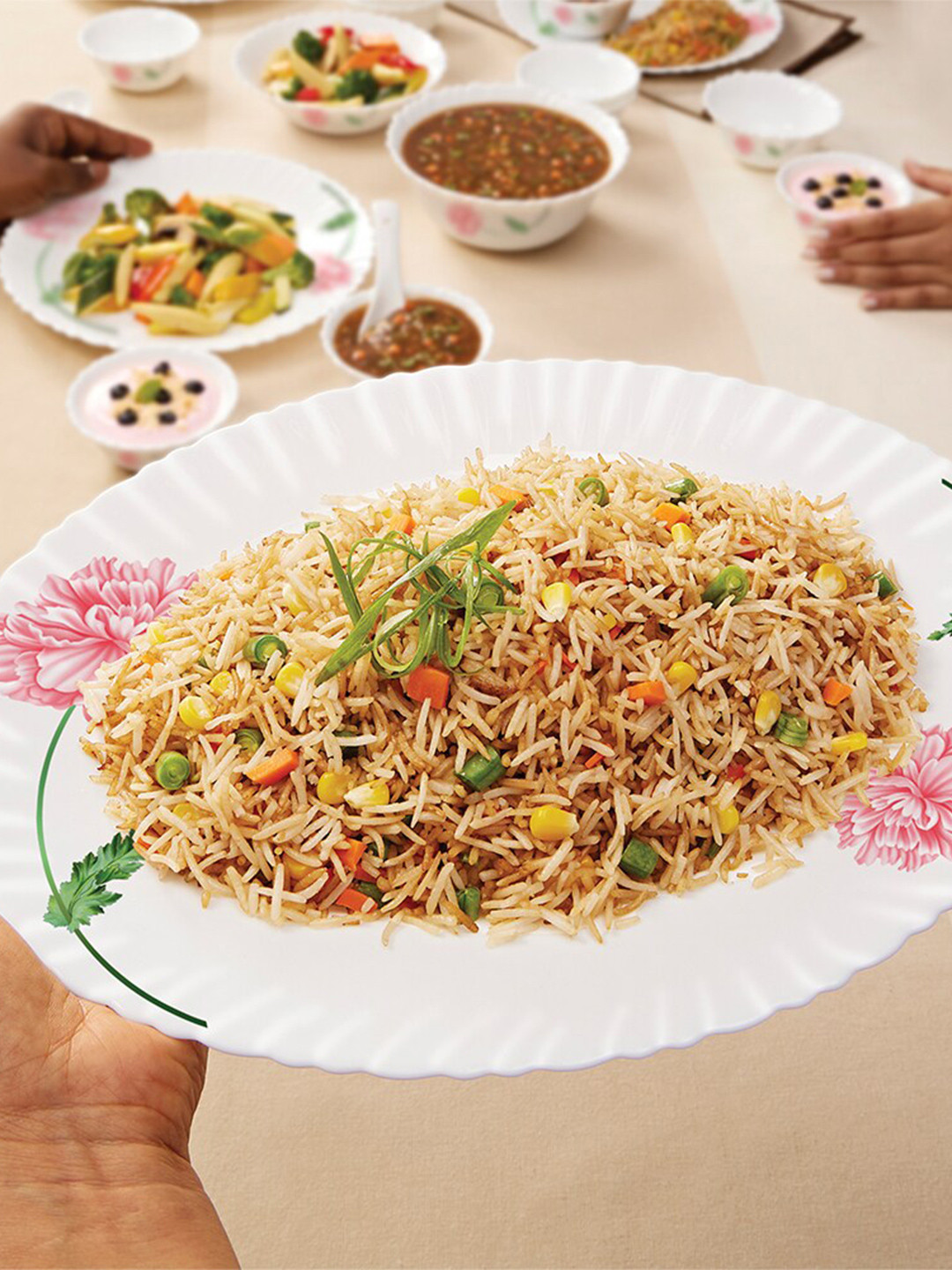 Larah by BOROSIL Fluted White Floral Opalware Dishwasher and Microwave Safe 21 Piece Dinner Set