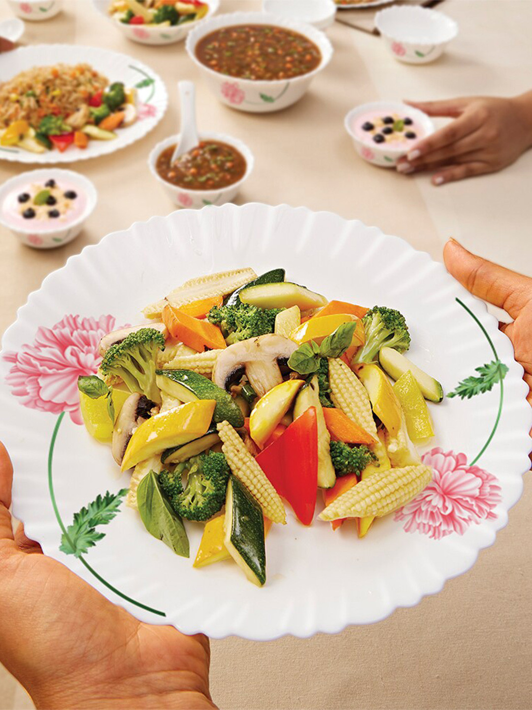 Larah by BOROSIL Fluted White Floral Opalware Microwave Safe 28 Piece Dinner Set