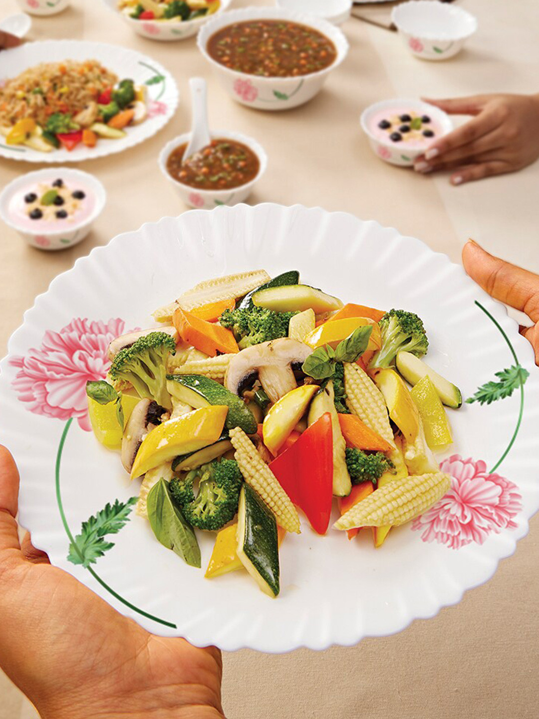 Larah by BOROSIL Fluted White Floral Opalware Dishwasher and Microwave Safe 34 Piece Dinner Set