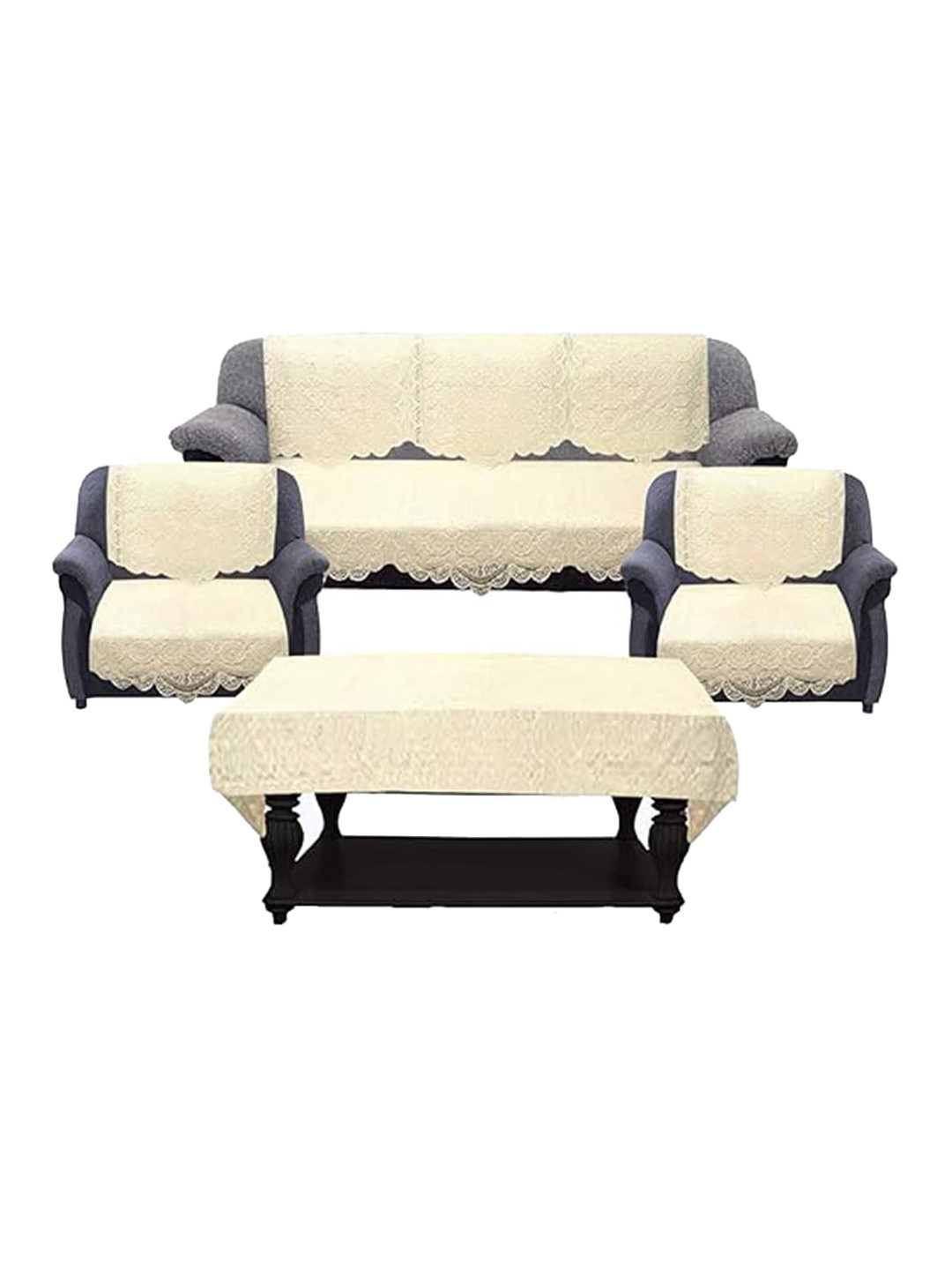 Kuber Industries Set of 7 Premium Cream Colored Cotton 5 Seater Sofa Covers & Table Cover