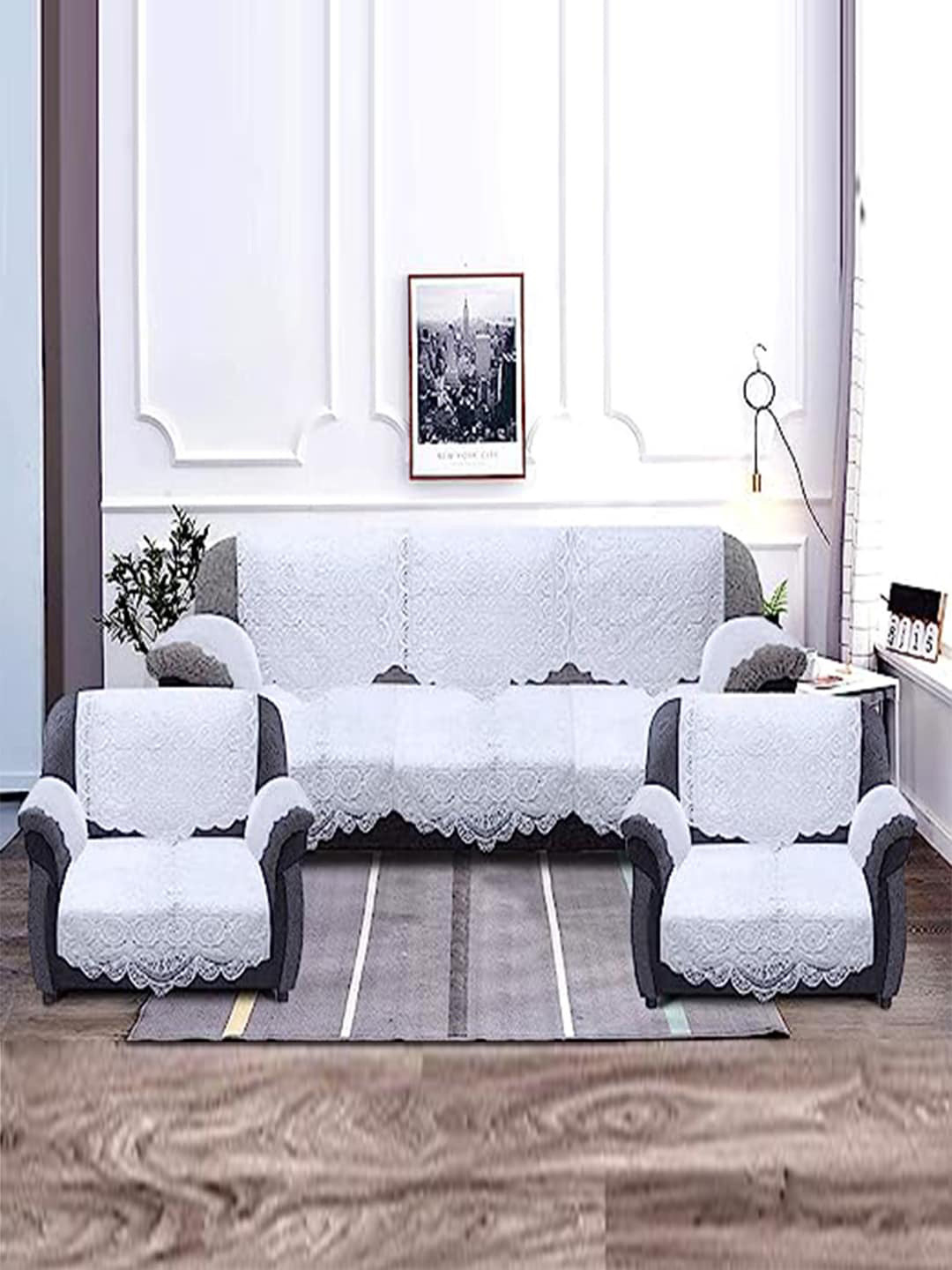 Kuber Industries White 16 Pieces 3 Seater and 2 Seater Cotton Sofa Covers Use Both Side