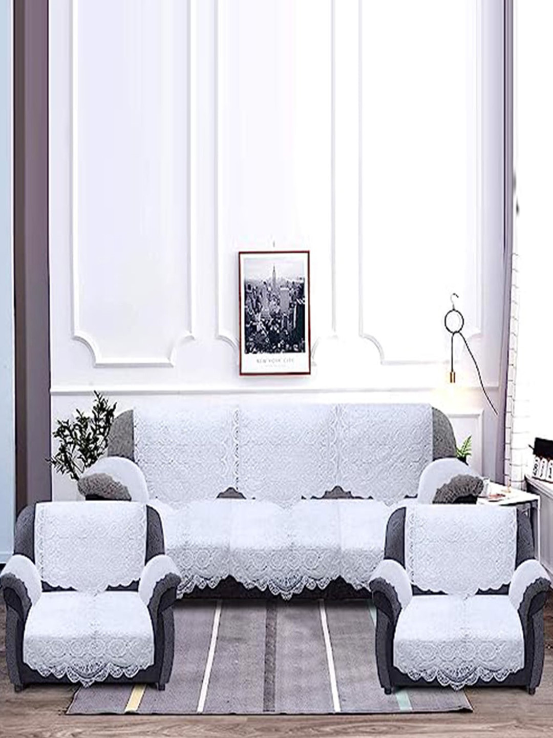 Kuber Industries White 16 Pieces Chikankari Cotton 5-Seater Sofa Covers
