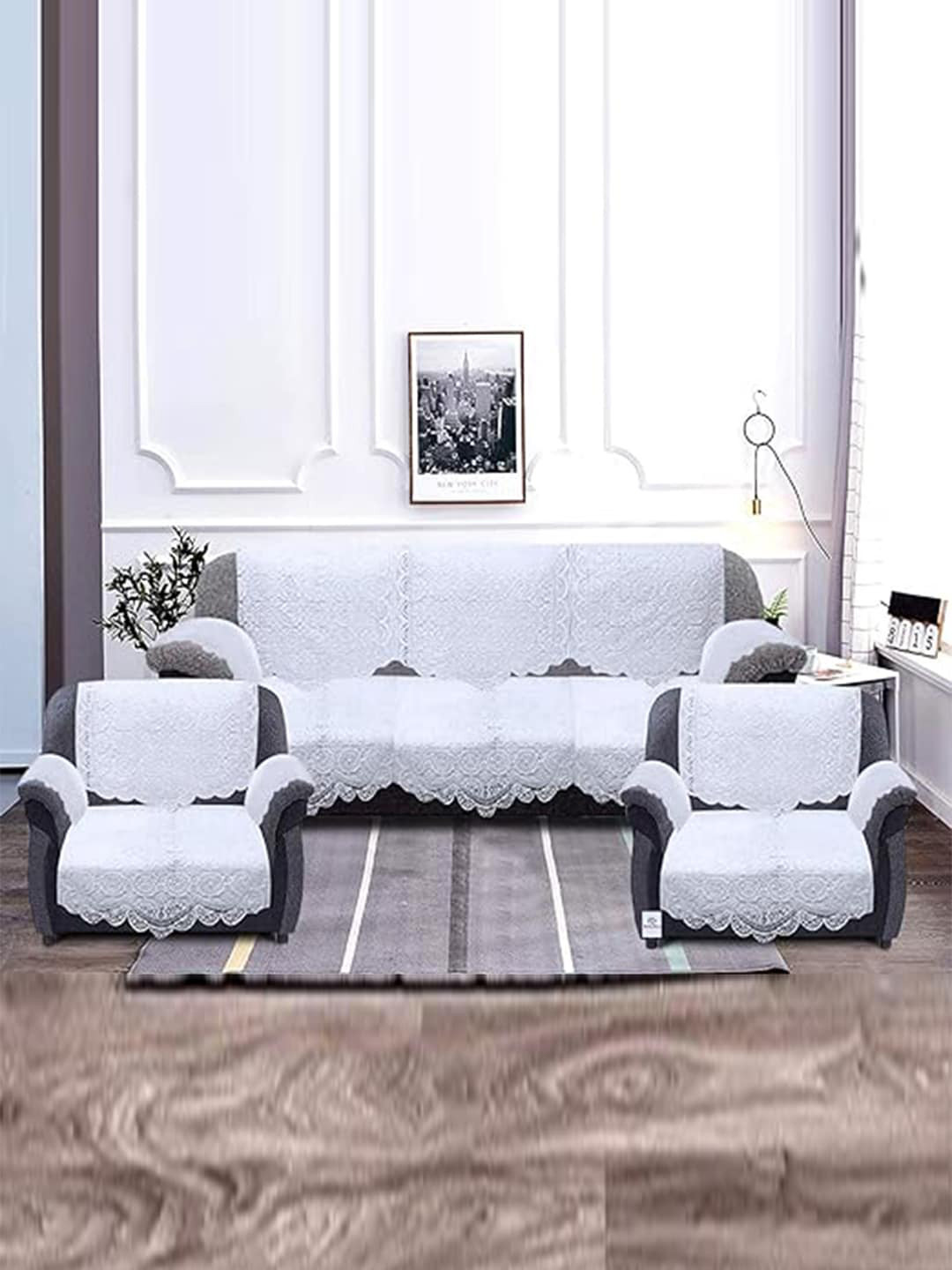 Kuber Industries White 16 Pieces Chikankari 5 Seater Sofa Covers With Arm Covers