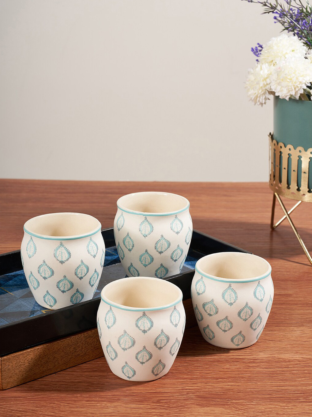 Living scapes by Pantaloons Best Mom Blue Leaf Stoneware Microwave Safe 4 Piece Kulhad-180ml