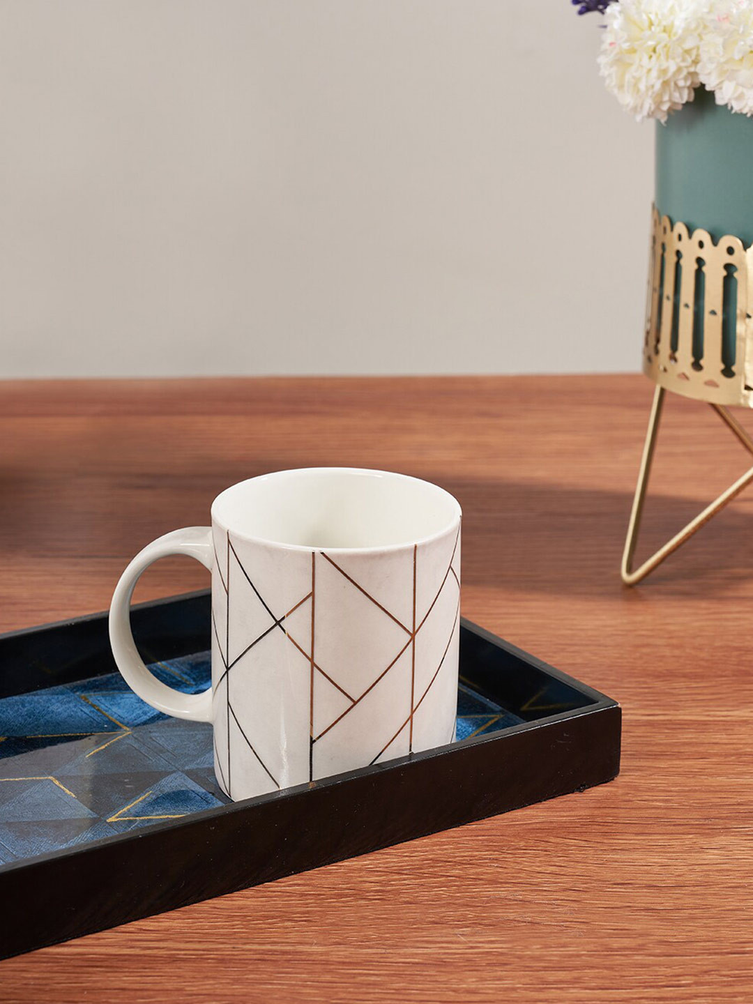 Living scapes by Pantaloons Sylvan Egyptian White Geometric Bone China Microwave Safe Mug-300ml