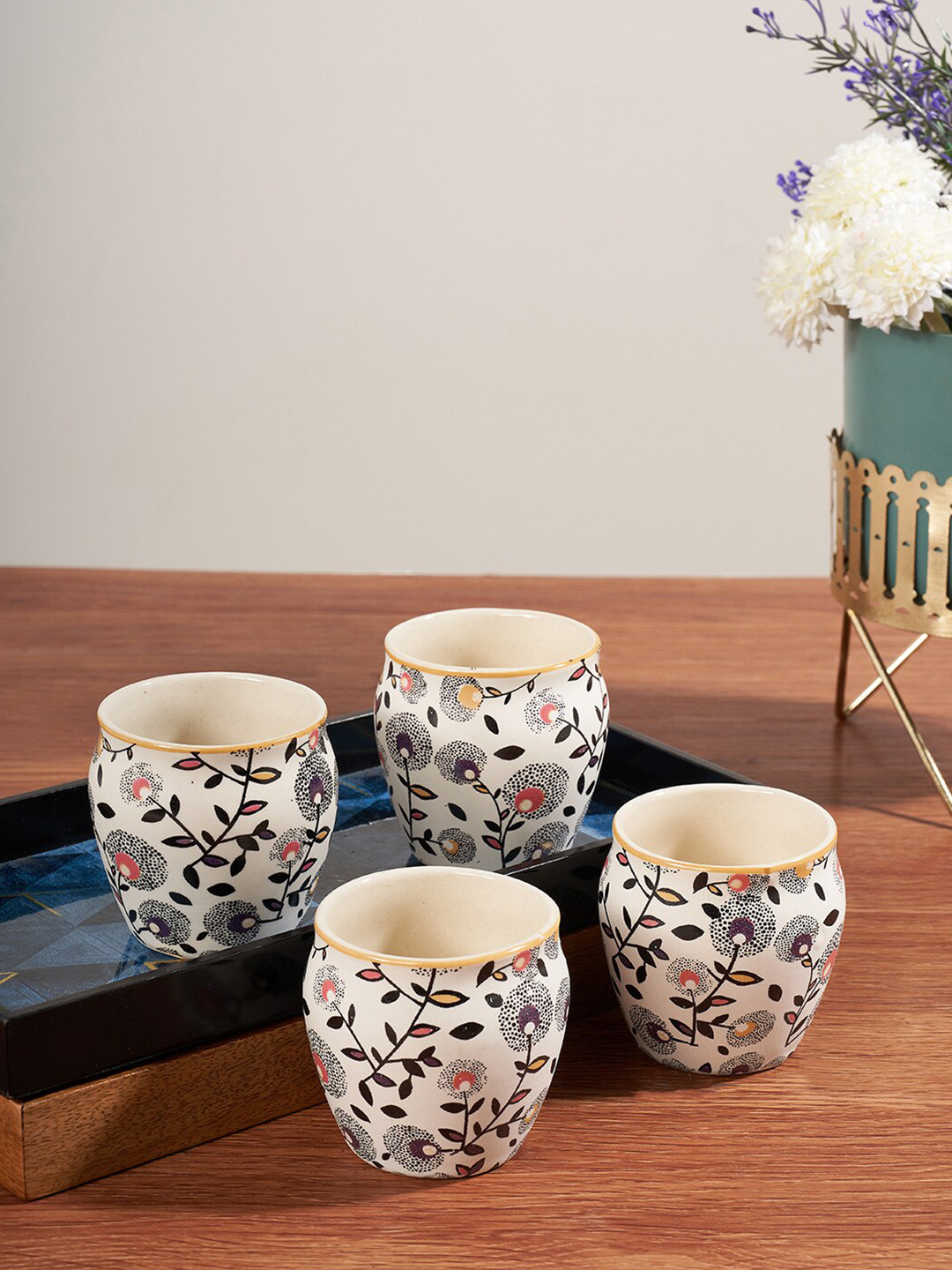 Living scapes by Pantaloons Unicorn White Floral Stoneware Microwave Safe 4 Piece Kulhad-150ml