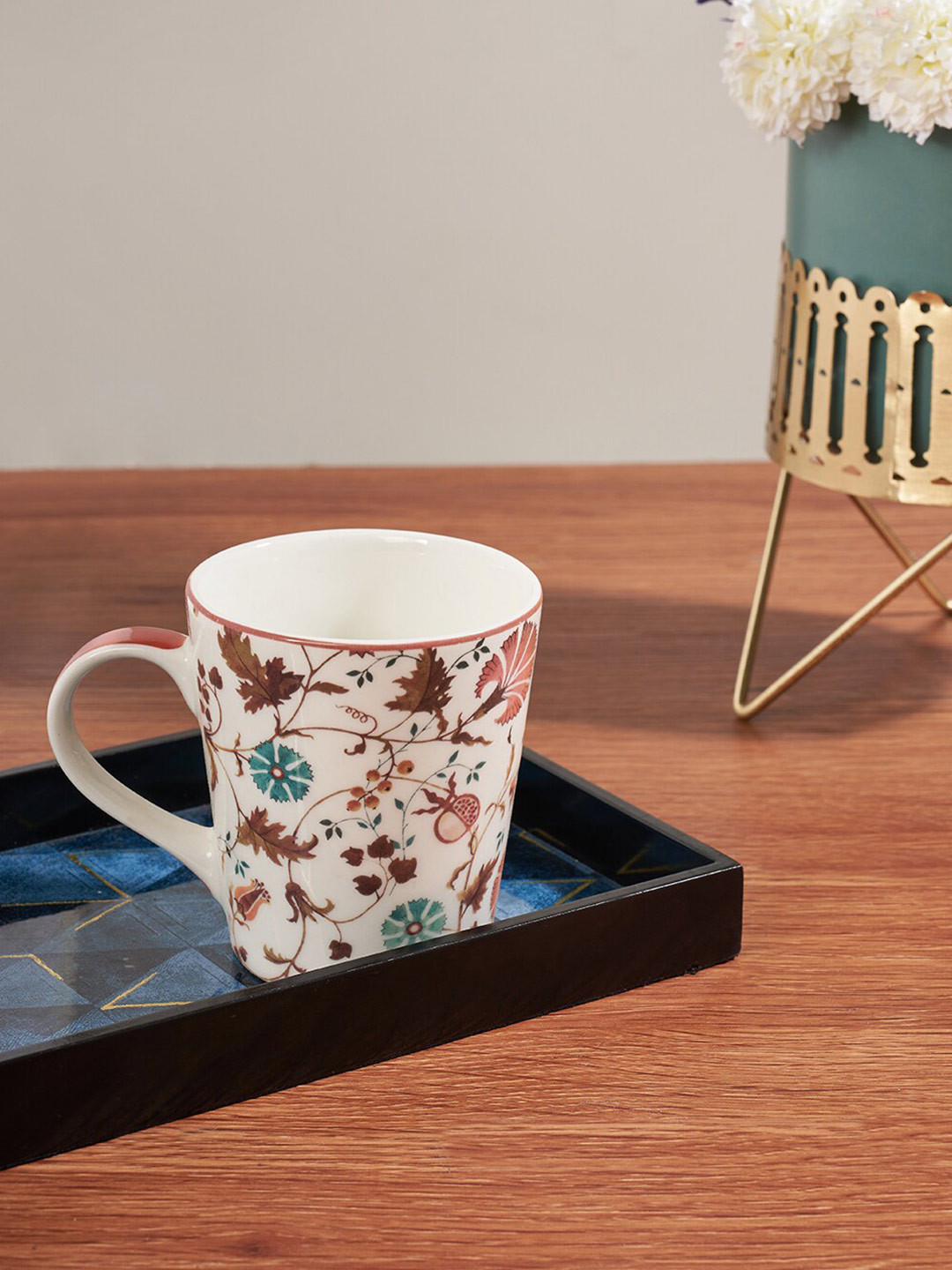 Living scapes by Pantaloons White Leaf Bone China Microwave Safe Mug-300ml