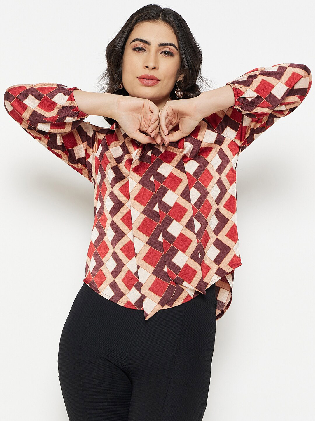 Madame Geometric Printed Tie-Up Neck Top