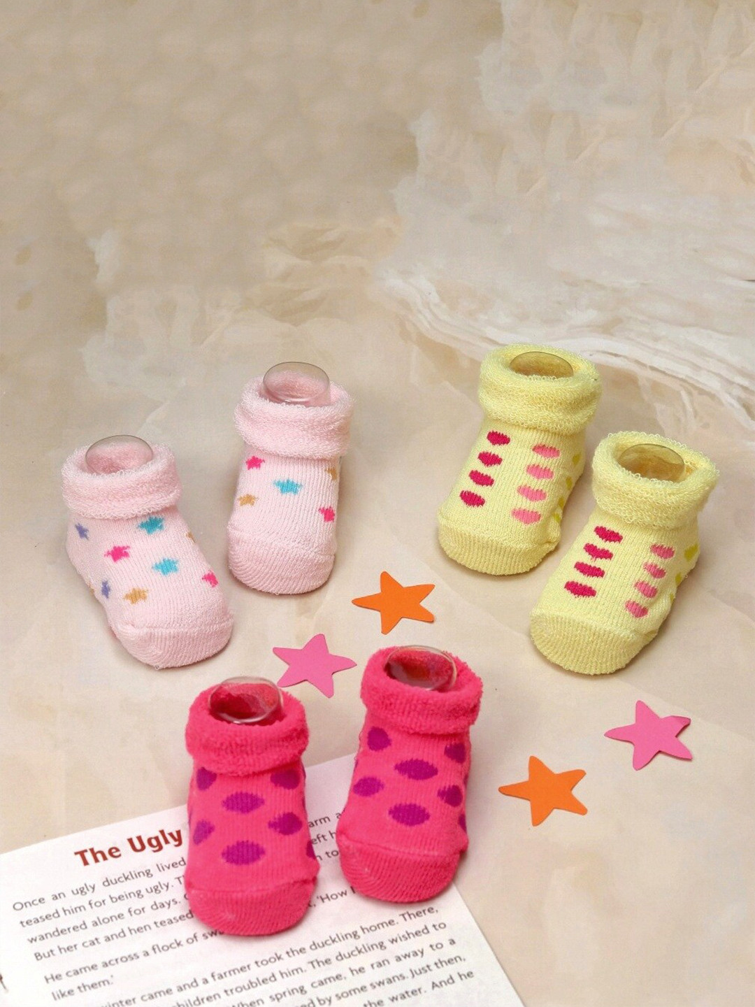 Yellow Bee Infant Girls Pack Of 3 Patterned Cotton Polka Dots And Star Print Socks