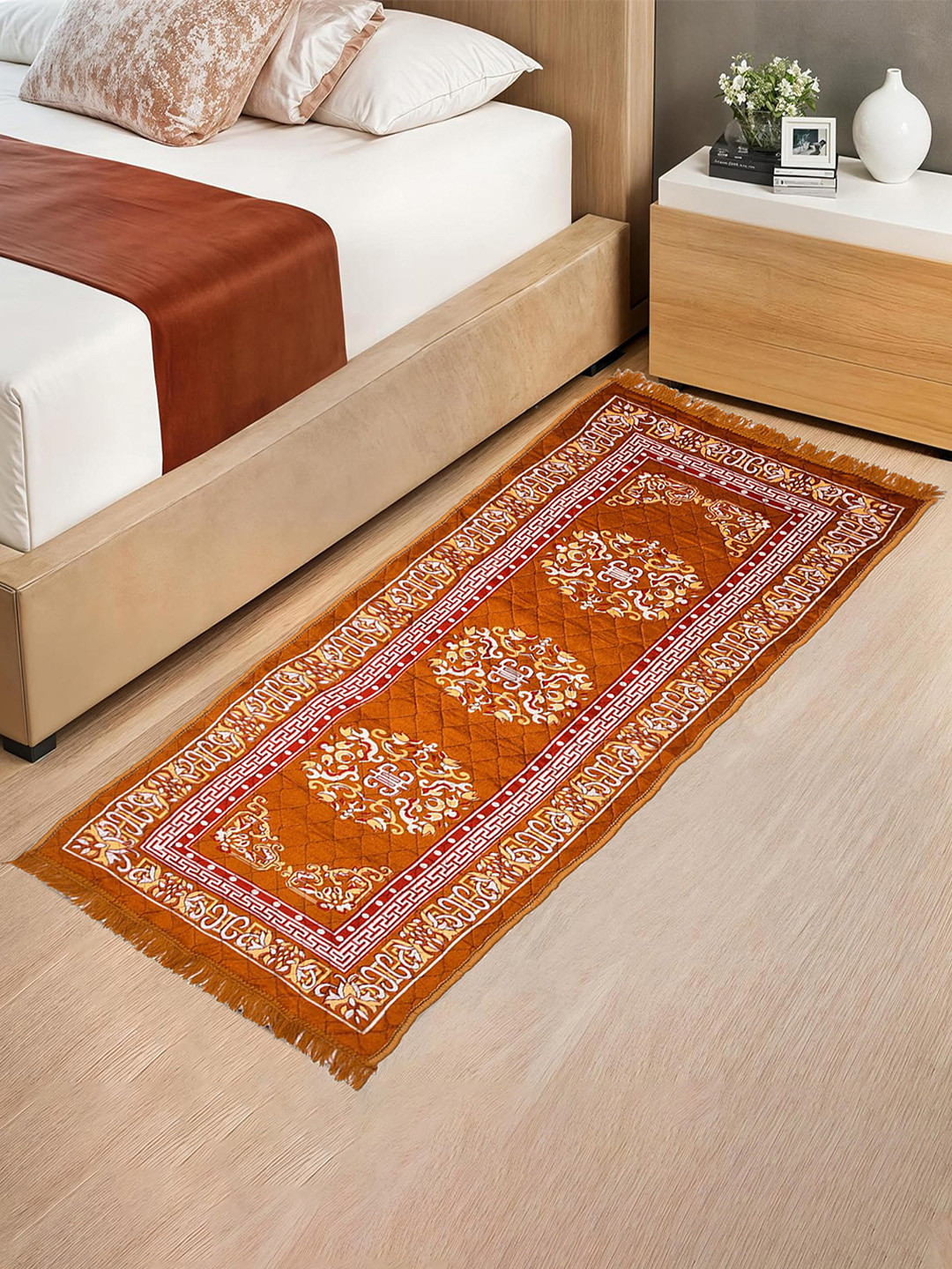 Kuber Industries Brown & Beige Ethnic Motifs Printed Bed Side Runner