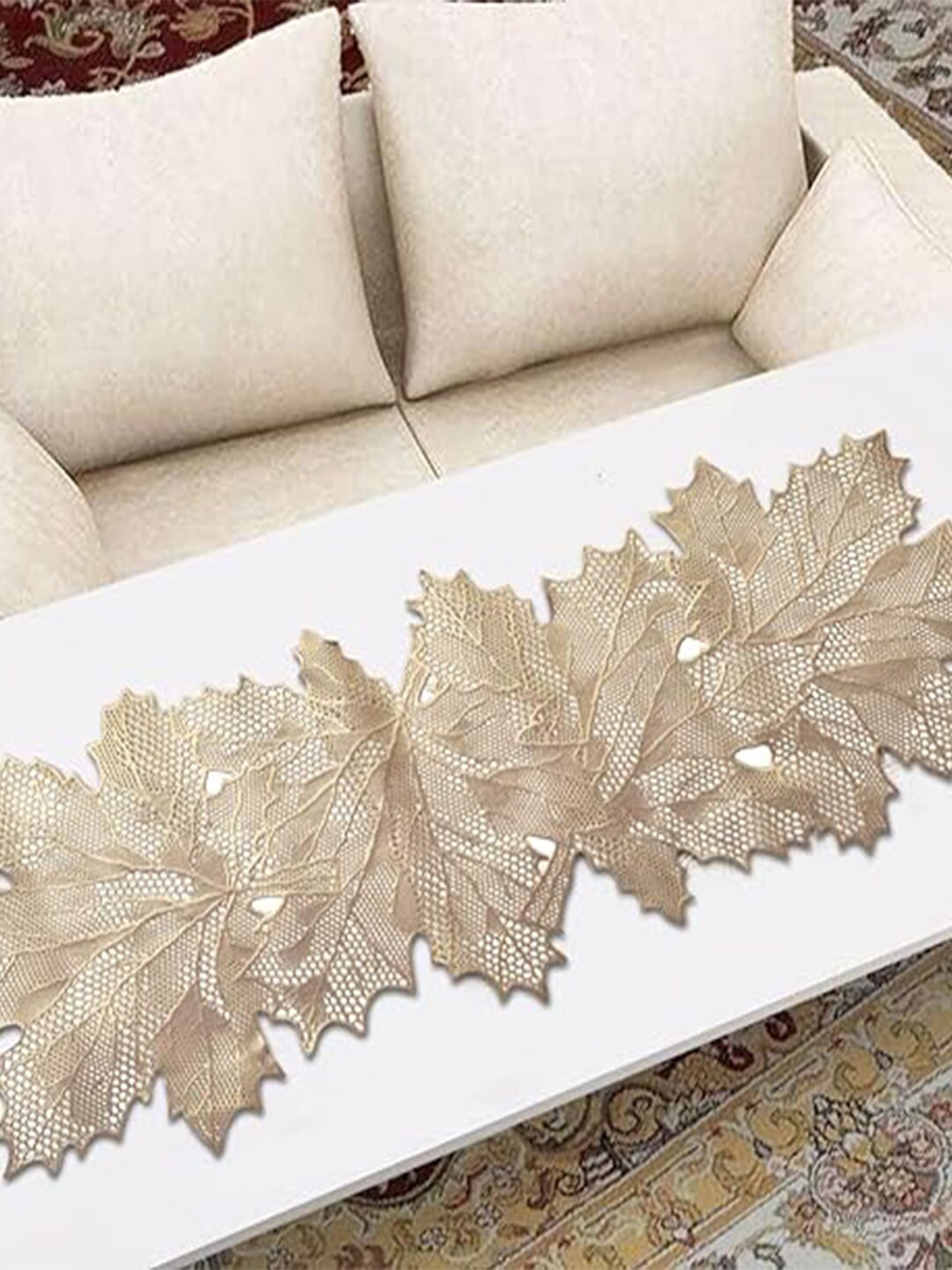 Kuber Industries Off White Leaf Design Soft Leather Table Runner