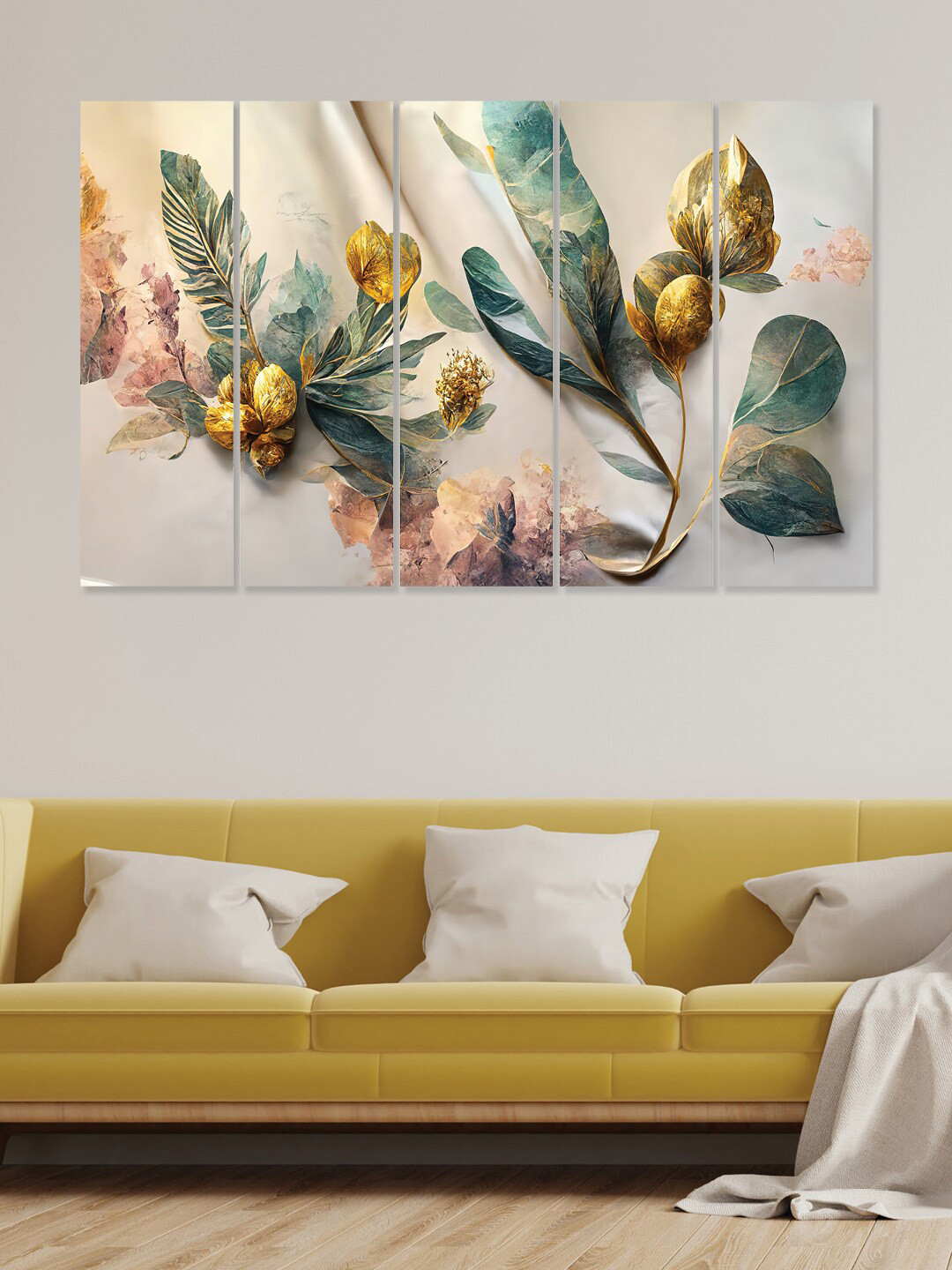 RANDOM White & Green 5-Pieces Wooden Vinyle Printed Canvas Wall Art