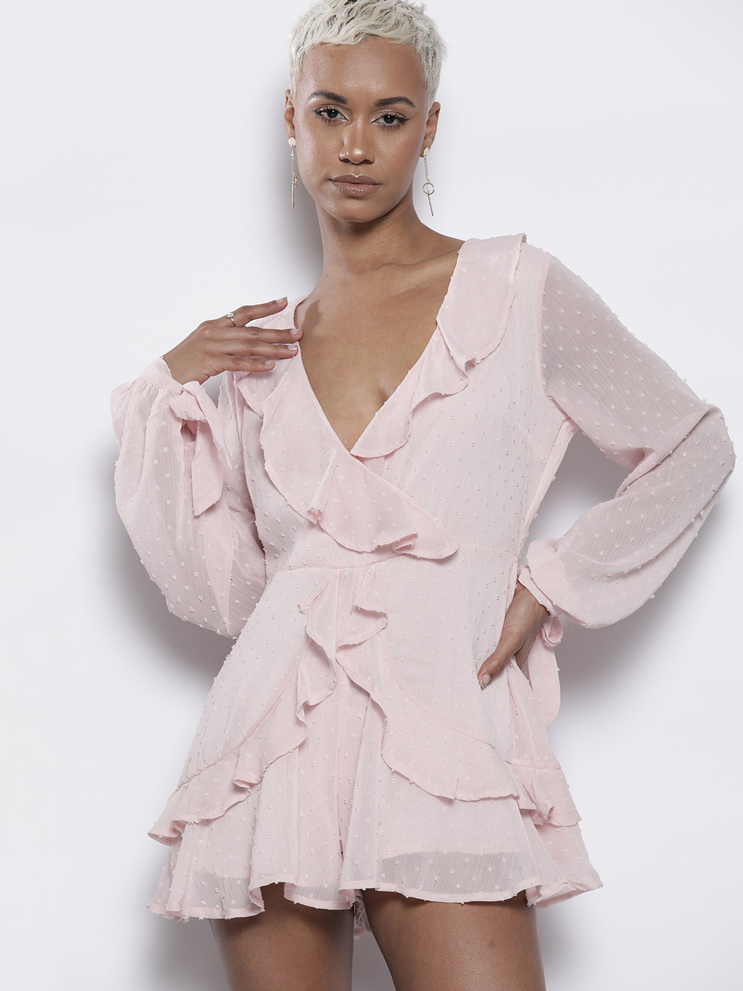 Boohoo V-Neck Dobbey Weave Ruffled Playsuit