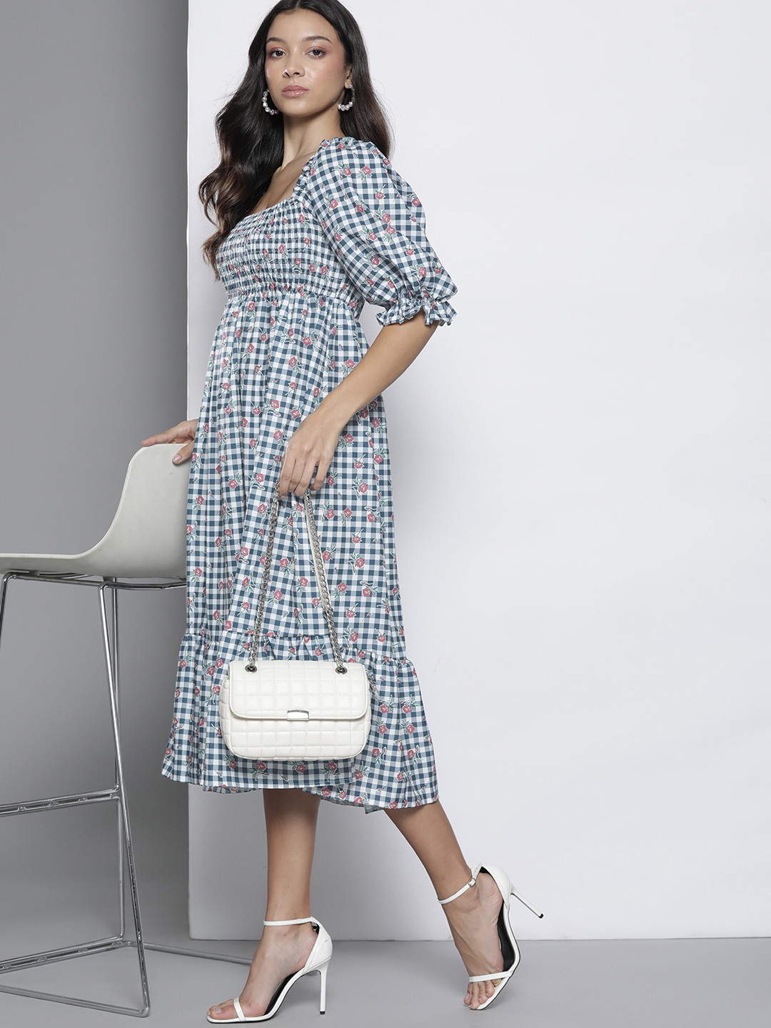 Boohoo Floral Checked A-Line Midi Dress