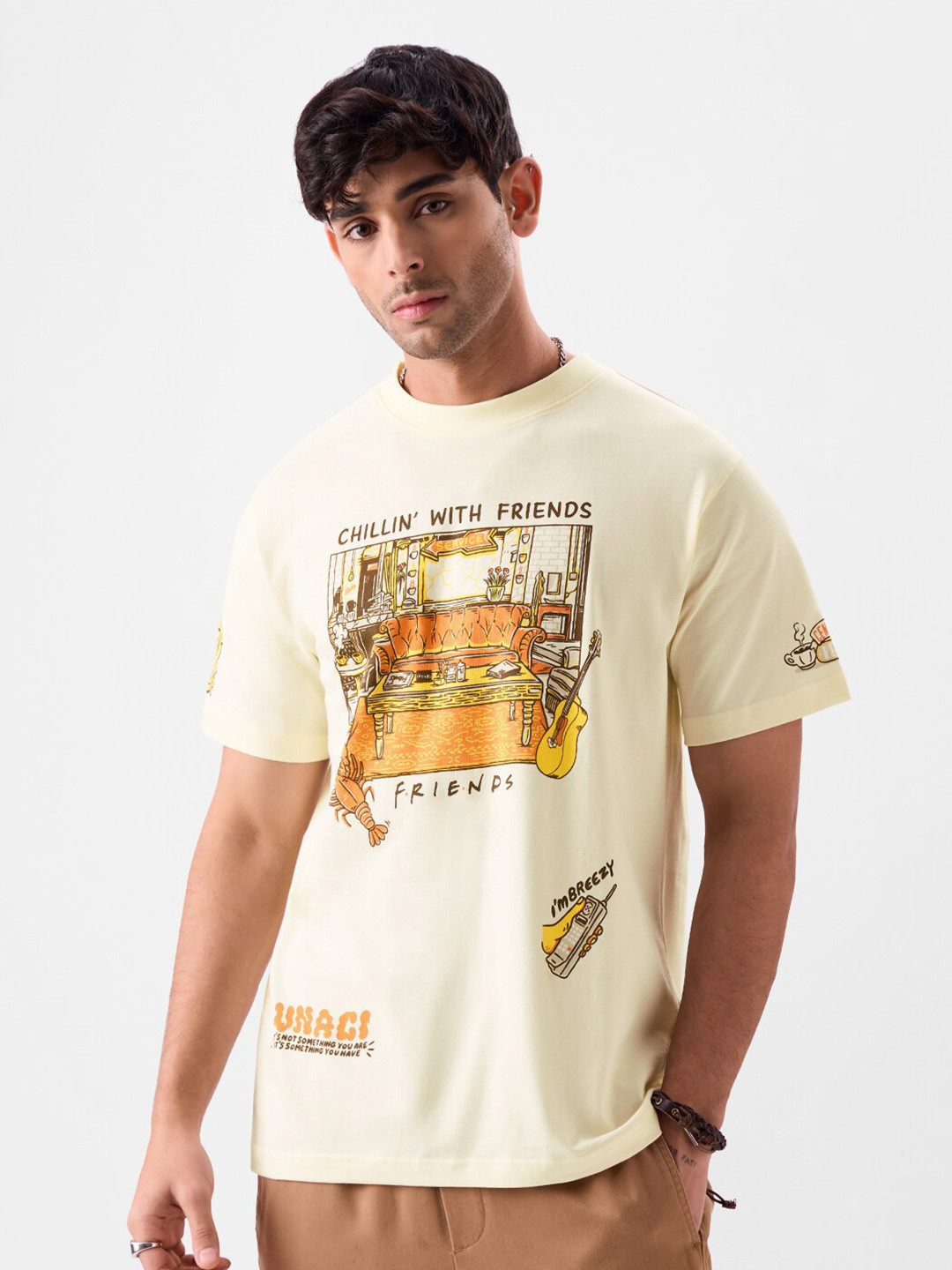 The Souled Store Off White Friends Printed Pure Cotton Casual T-shirt