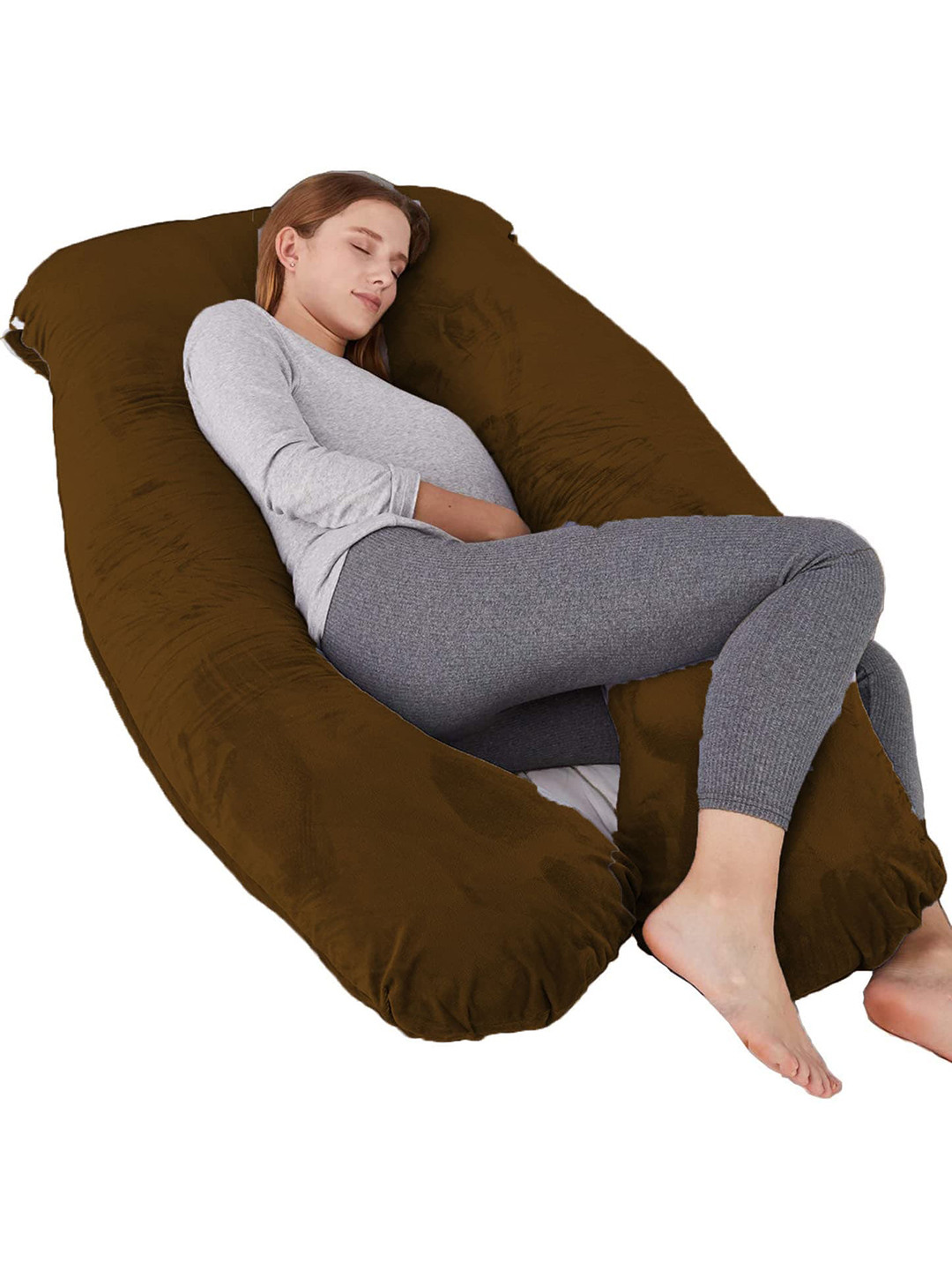 Mom's Moon Brown Solid Faux Velvet Adjustable Medium Fibre Sleep Pillow-64 x 139 x 20 cm
