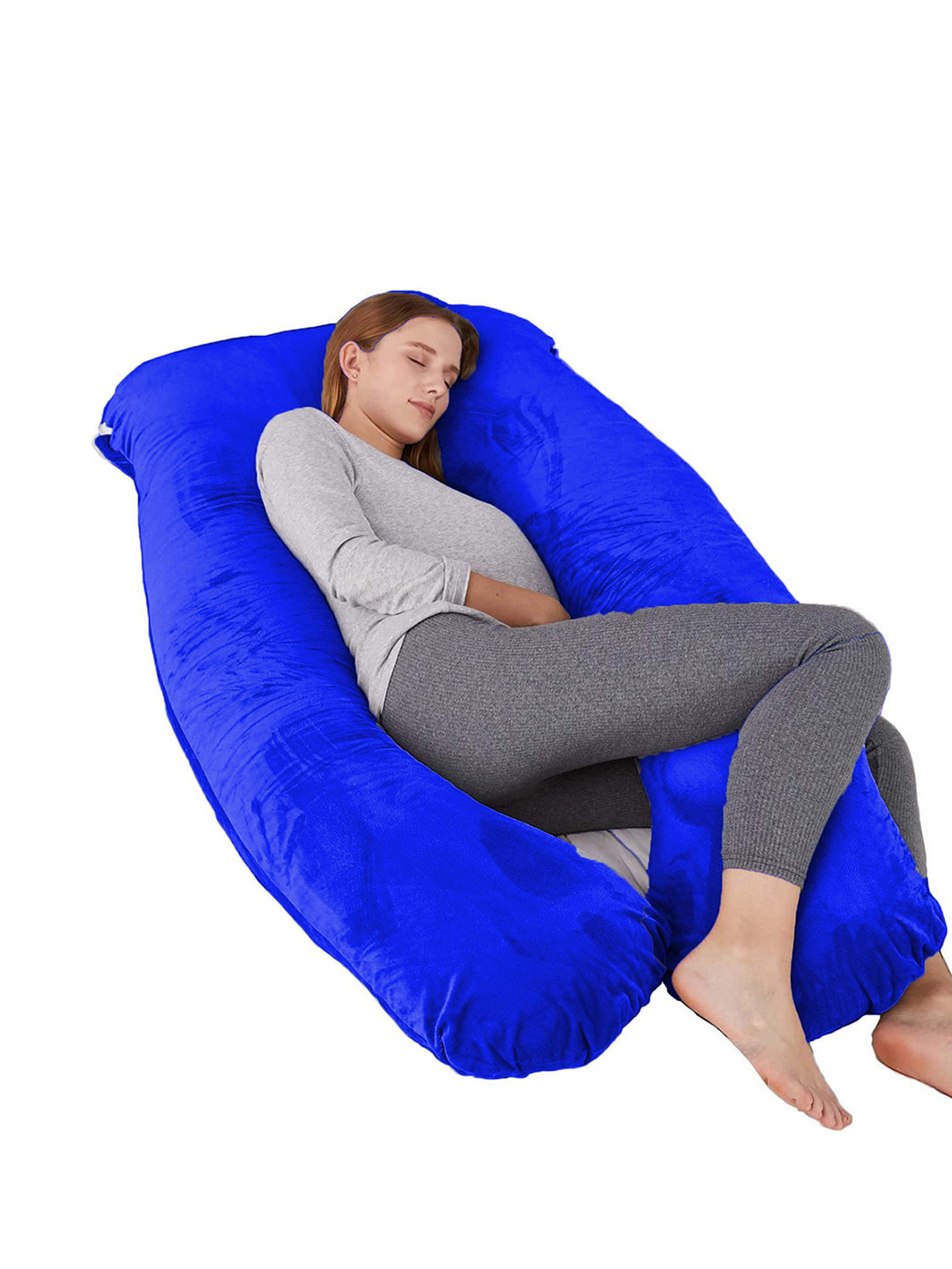 Mom's Moon Blue Solid Faux Velvet Medium Fibre Sleep Pillow-25.4 x 76.2 x 130 cm