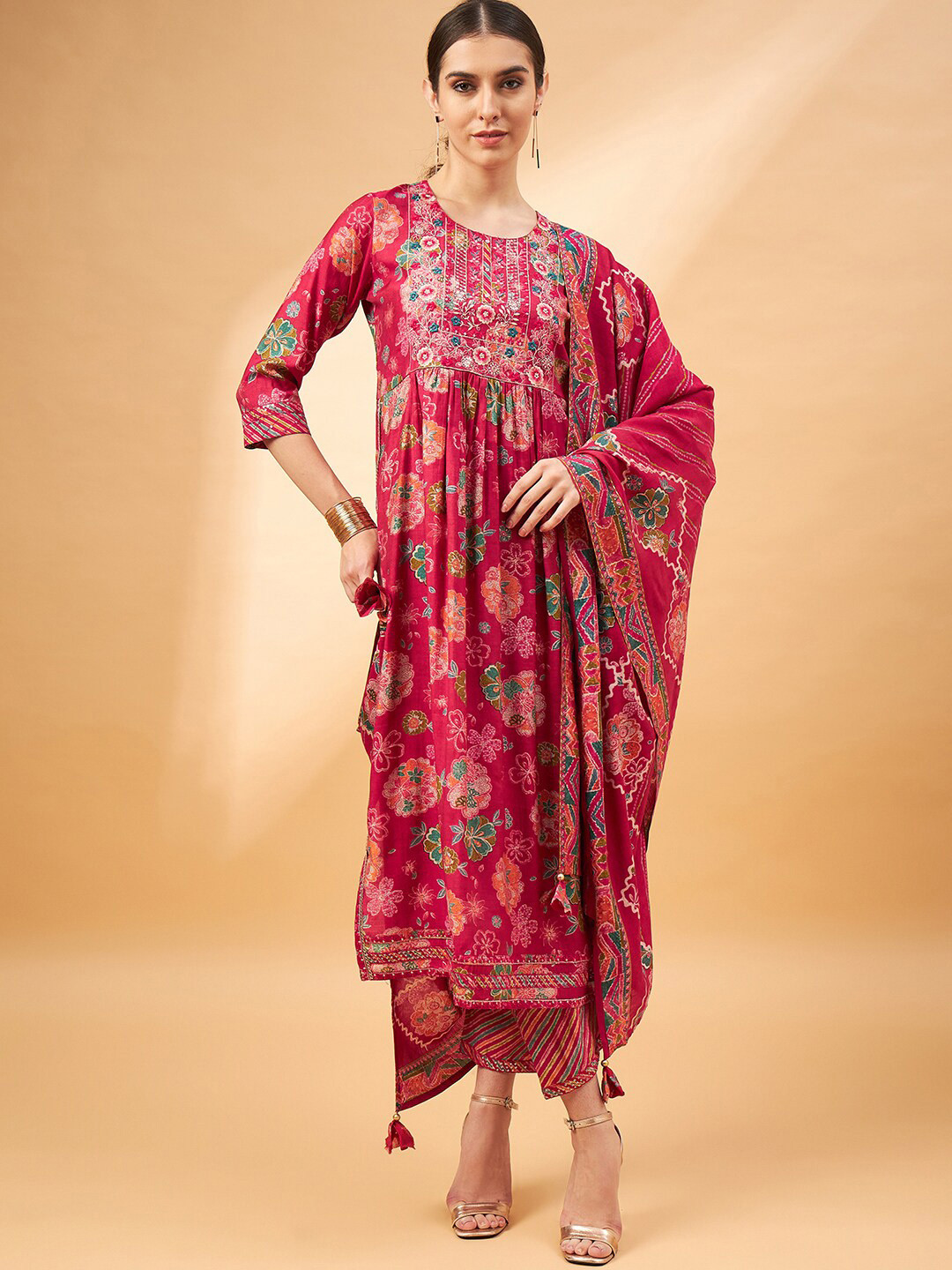 all about you Red Floral Printed Thread Work A-Line Kurta & Trousers With Dupatta