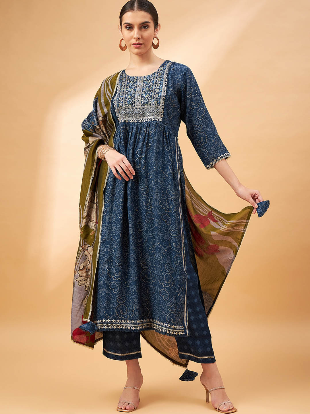 all about you Blue Floral Printed Thread Work A-Line Kurta & Trousers With Dupatta