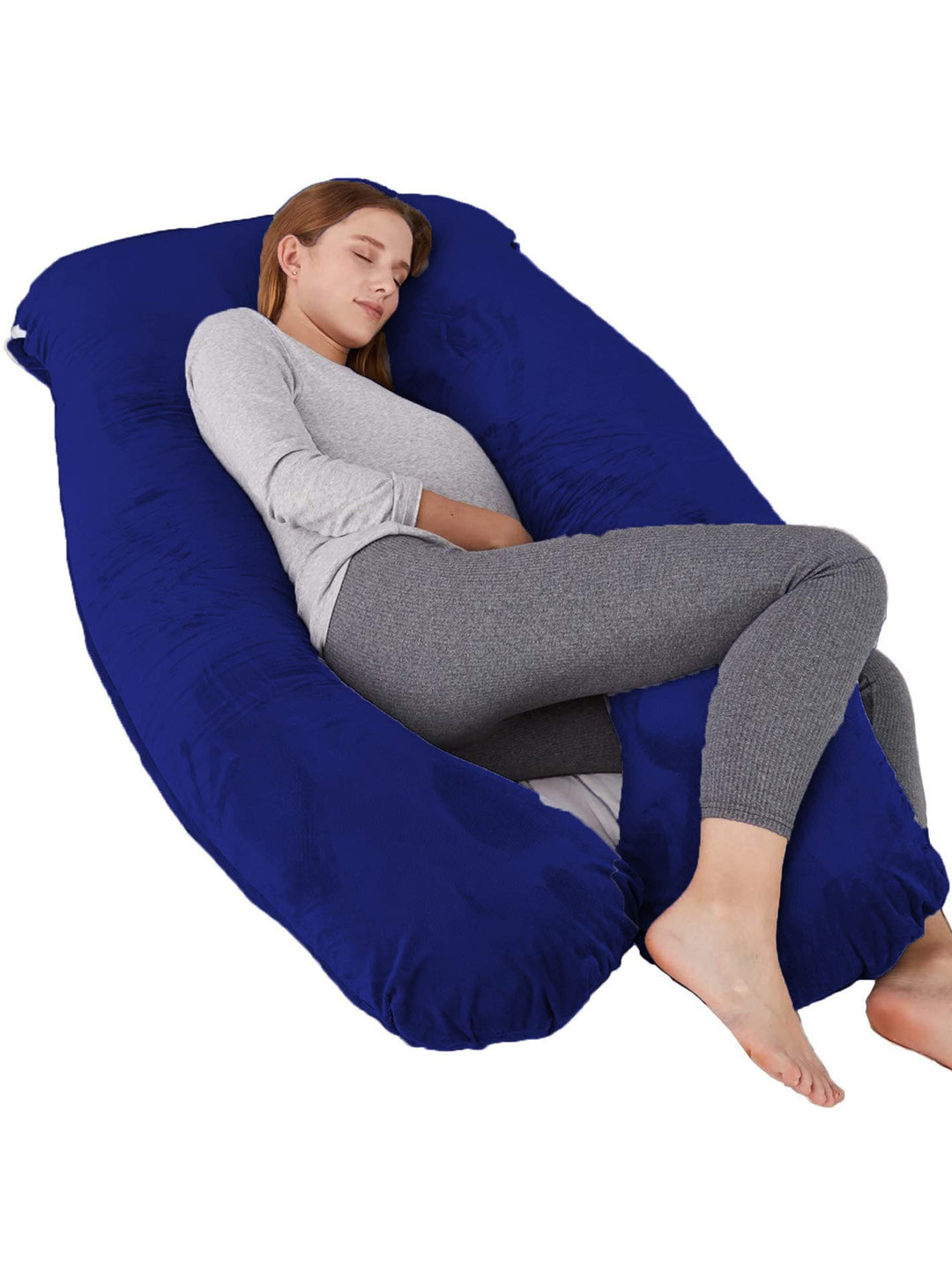 Mom's Moon Navy Blue Solid Faux Velvet Adjustable Medium Fibre Sleep Pillow-139.7 x 76.2 x 19.8 cm