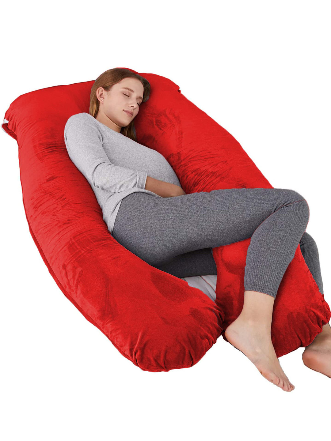 Mom's Moon Red Solid Faux Velvet Medium Fibre Sleep Pillow-25.4 x 76.2 x 139 cm