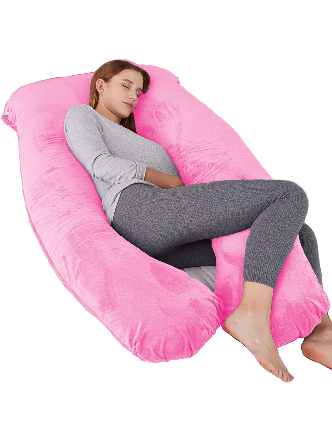 Mom's Moon Pink Solid Faux Velvet Adjustable Medium Fibre Therapedic Pillow-25.4 x 76.2 x 139 cm
