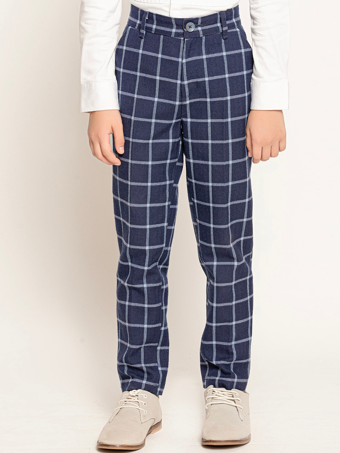 One Friday Boys Navy Blue Classic Checked Trousers