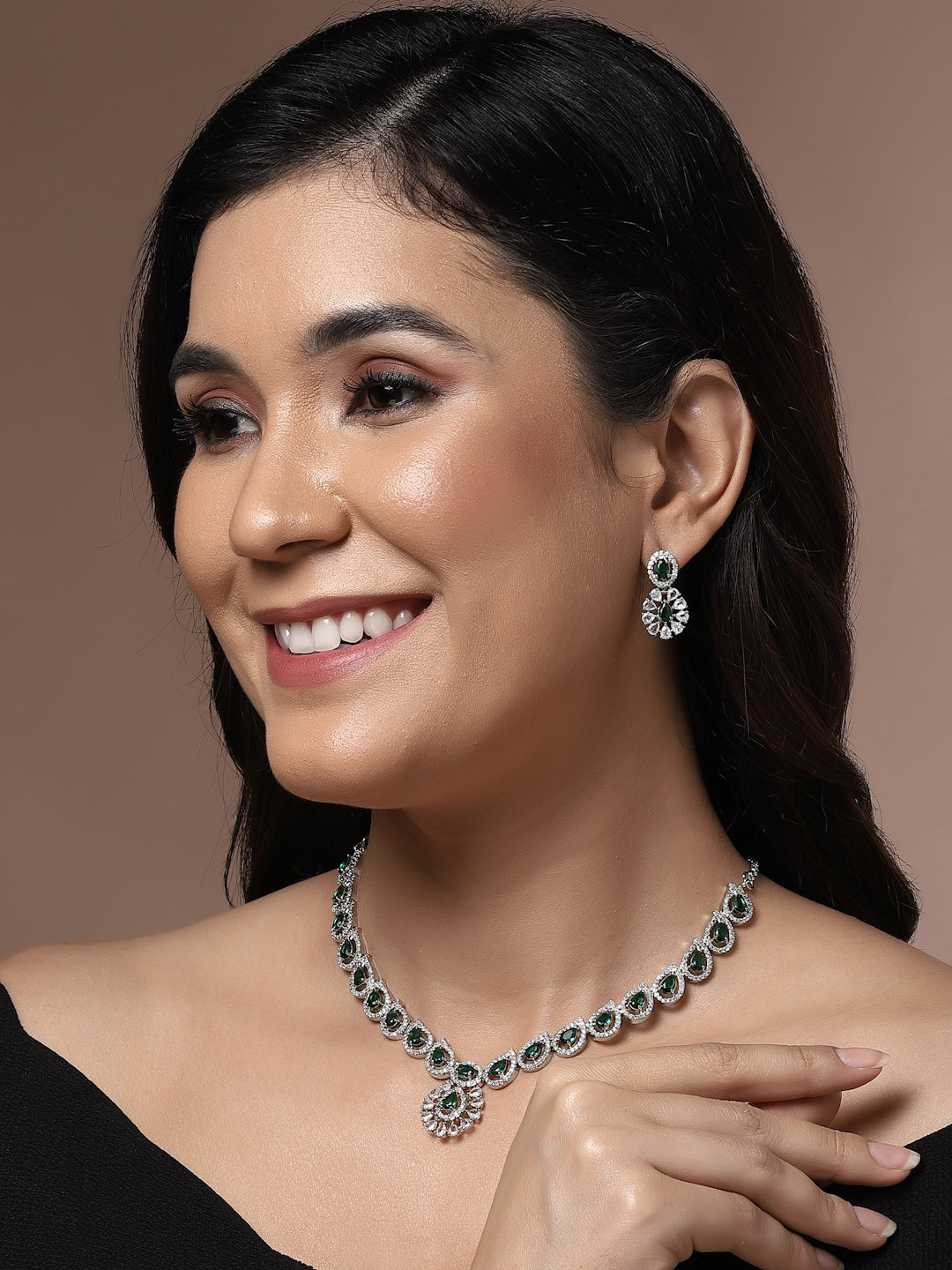 PANASH Rhodium-Plated American Diamond Studded Jewellery Set