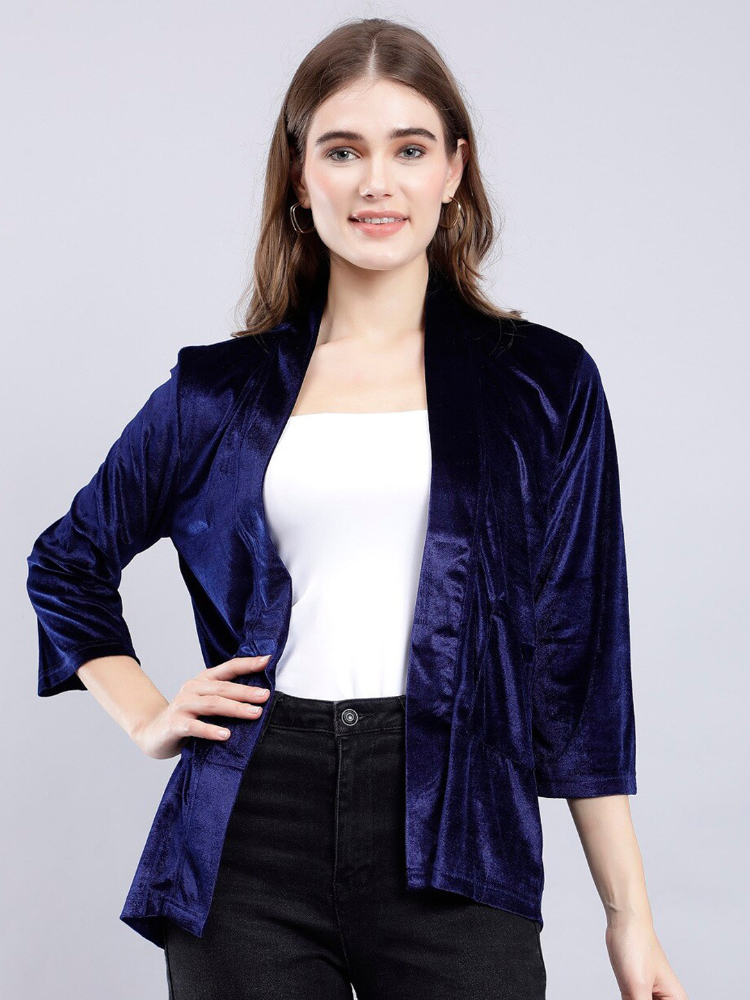 ANVI Be Yourself Navy Blue Pure Velvet Open Front Shrug