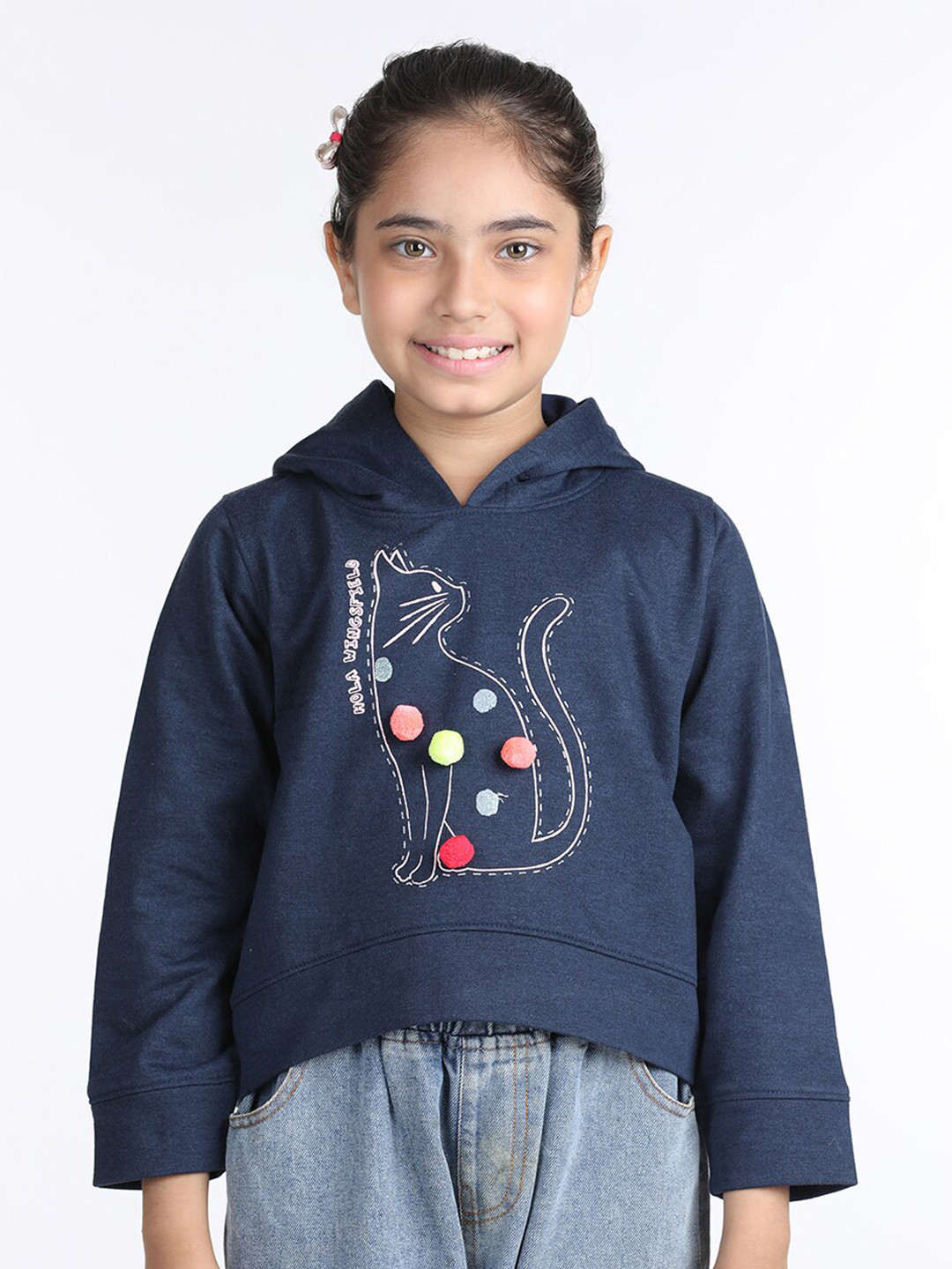 Wingsfield Girls Graphic Printed Hooded Pom Pom Fleece Sweatshirt