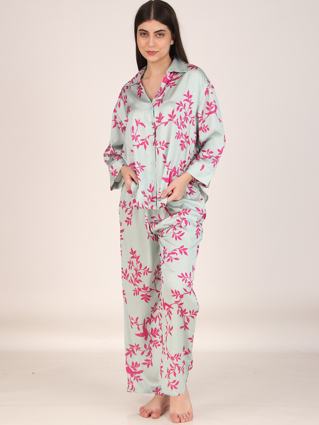 Masha Women Pink Leaves Oversized Satin Night Suit