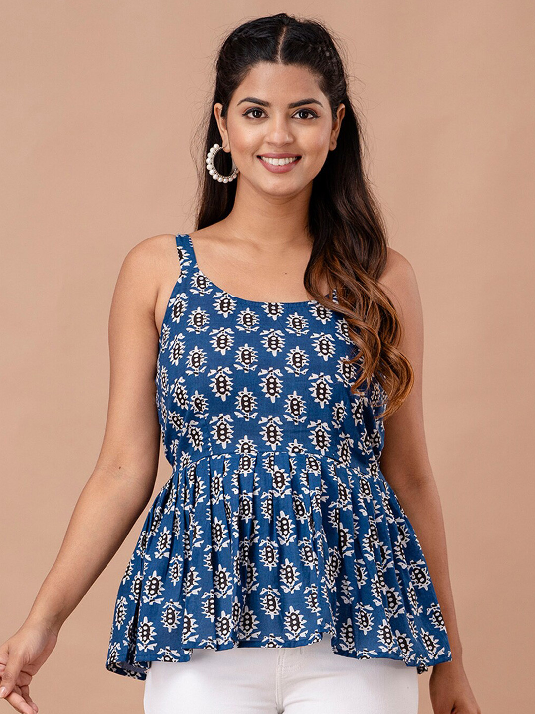 FERANOID Floral Printed Gathered or Pleated Pure Cotton Peplum Top