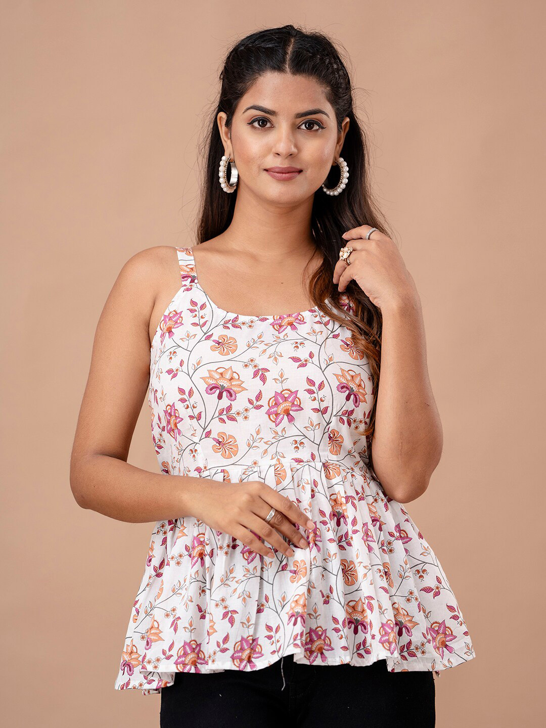 FERANOID Floral Printed Shoulder Straps Gathered or Pleated Pure Cotton Peplum Top