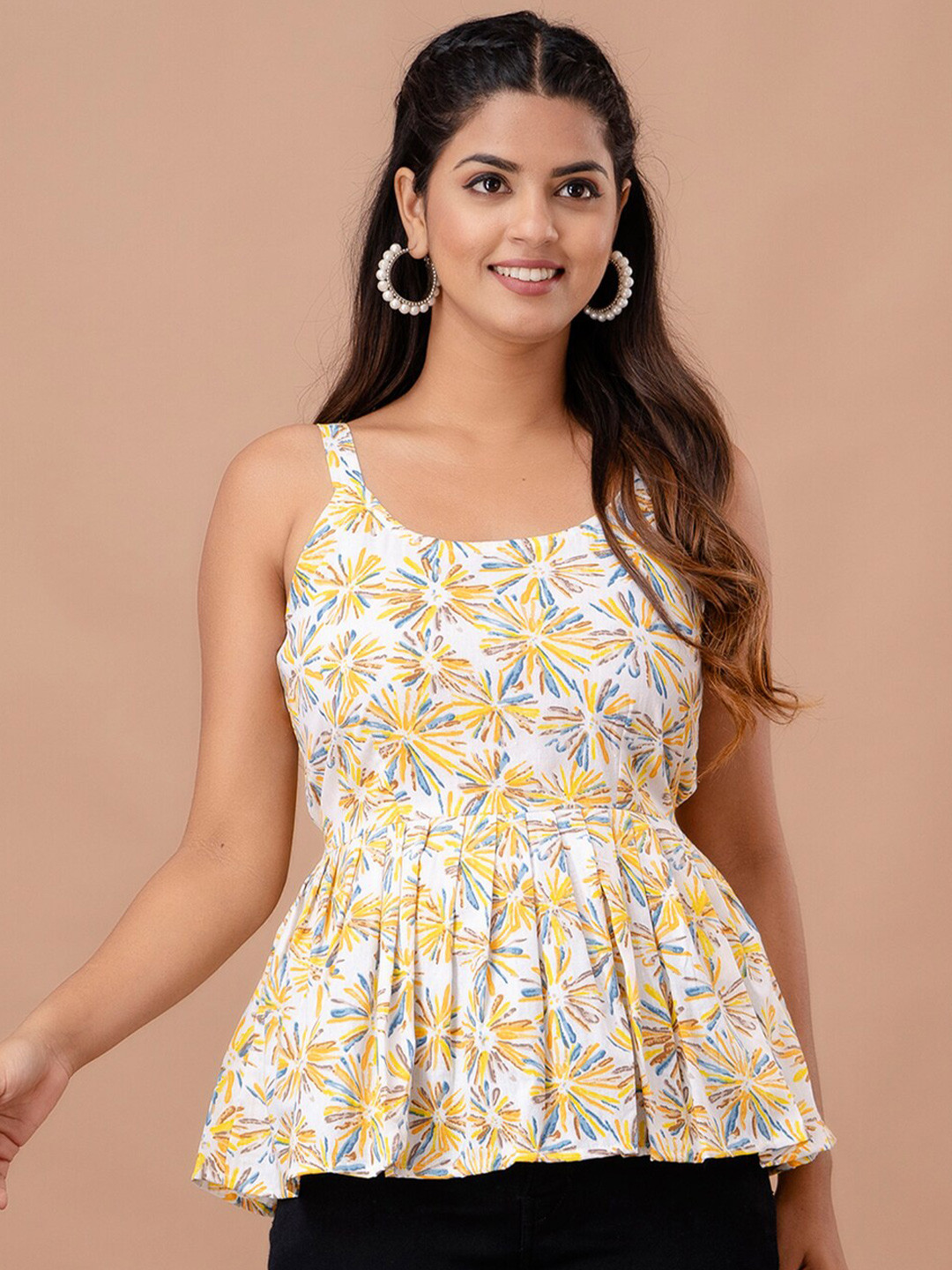 FERANOID Abstract Printed Shoulder Straps Gathered or Pleated Pure Cotton Peplum Top