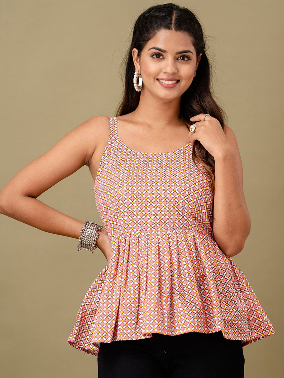 FERANOID Floral Printed Shoulder Straps Gathered or Pleated Pure Cotton Peplum Top