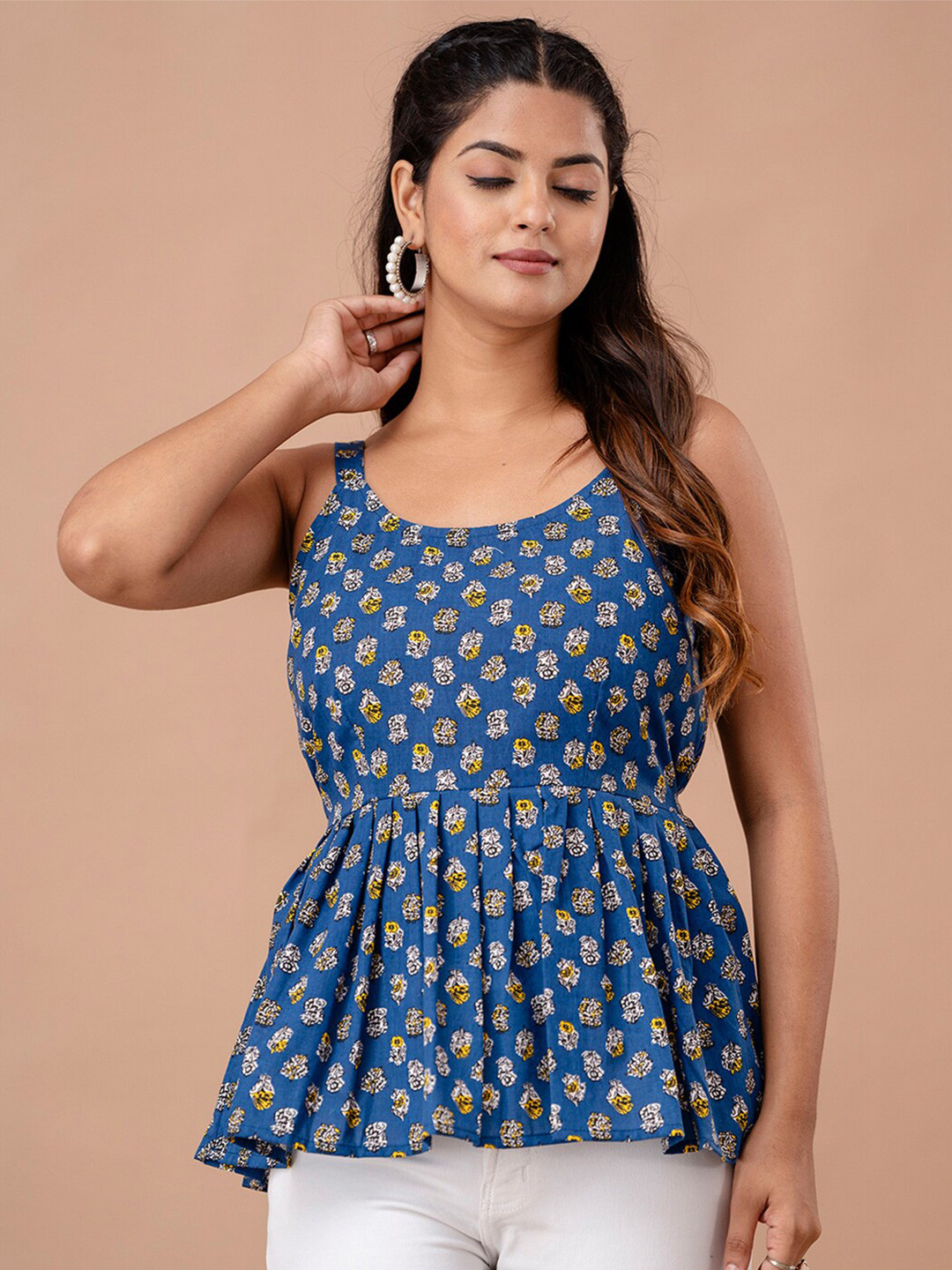 FERANOID Floral Printed Shoulder Straps Gathered or Pleated Pure Cotton Peplum Top