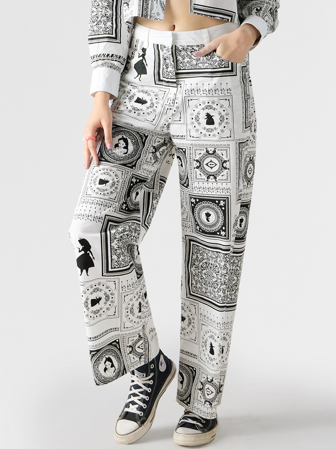 The Souled Store Women Alice In Wonderland Printed Relaxed Flared Parallel Trousers
