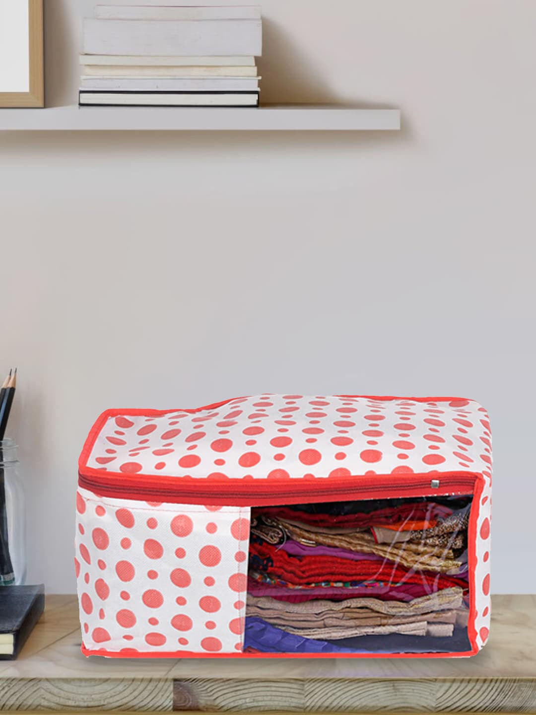 Kuber Industries White & Pink 4 Pieces Polka Dot Printed Non-Woven Blouse Organizers