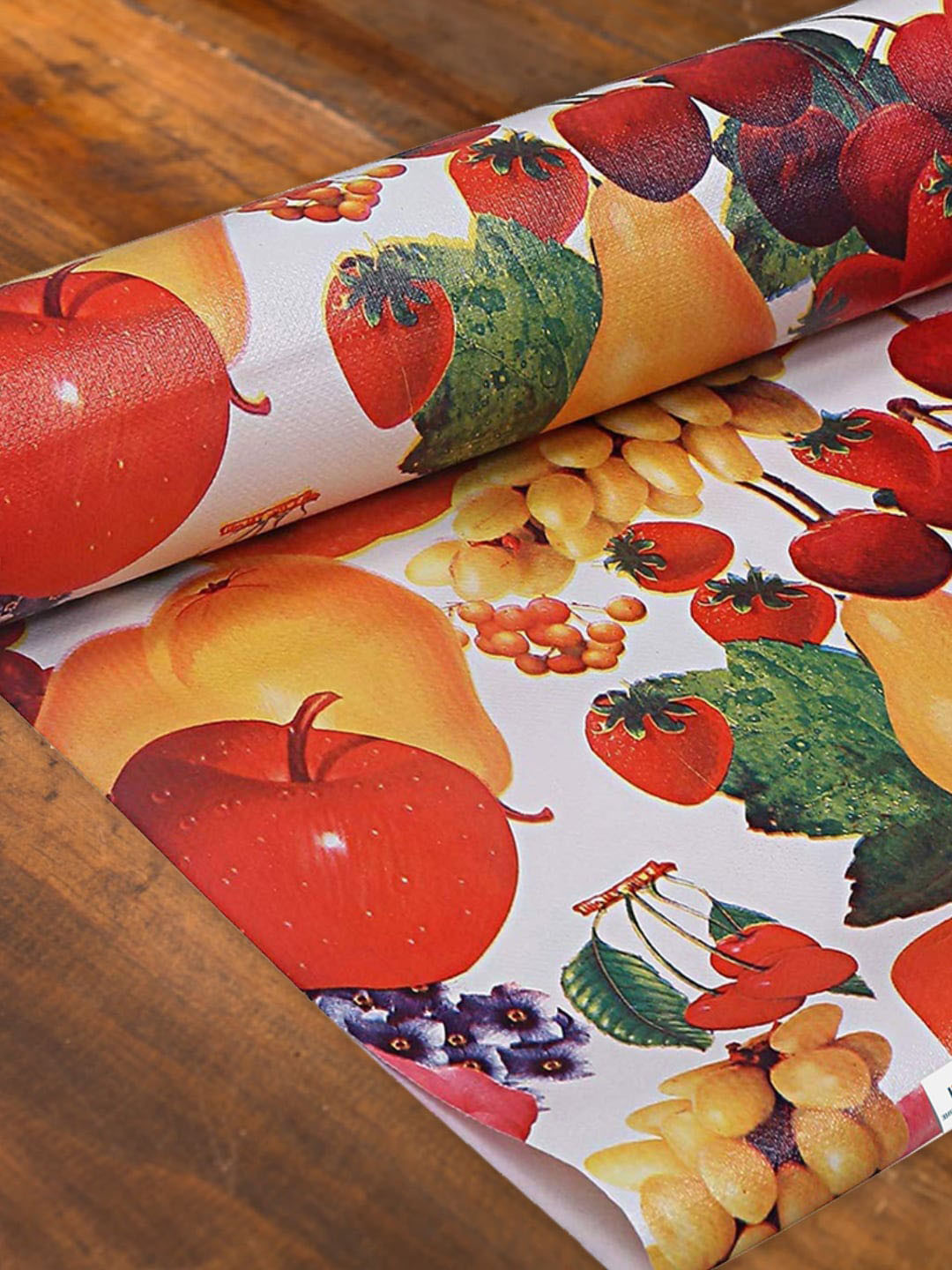 Kuber Industries Cream & Red Fruits Printed Anti Slip Shelf Liner Roll 5 M