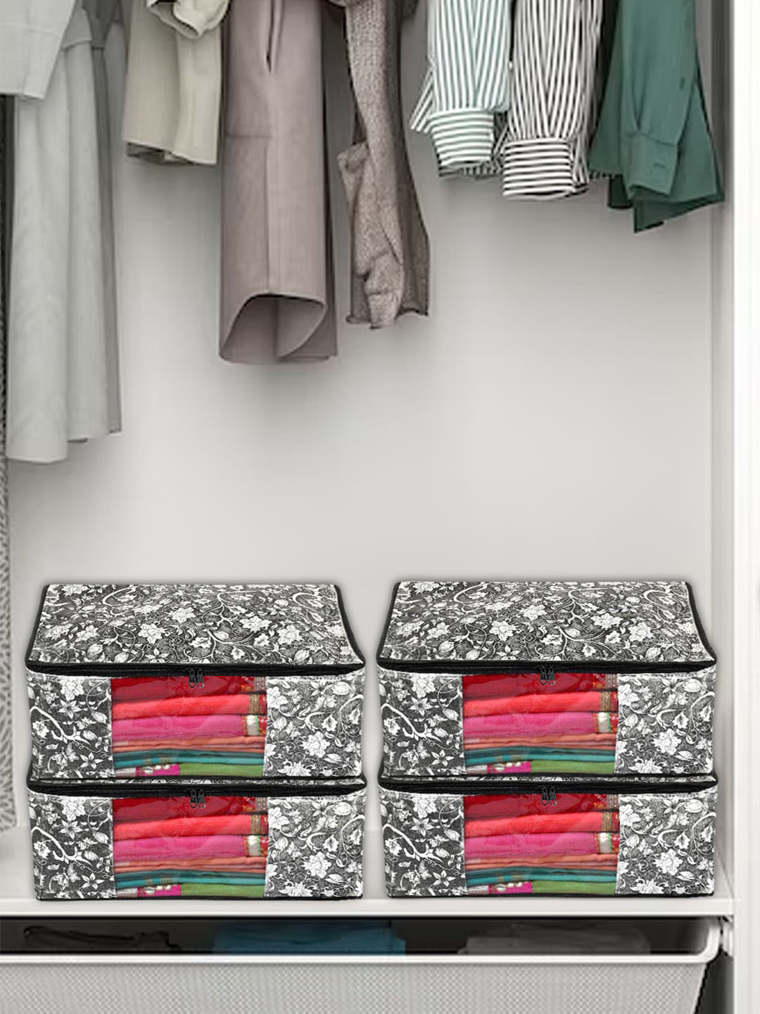 Kuber Industries Black & White 4 Pieces Floral Printed Non Woven Fabric Saree Organizers