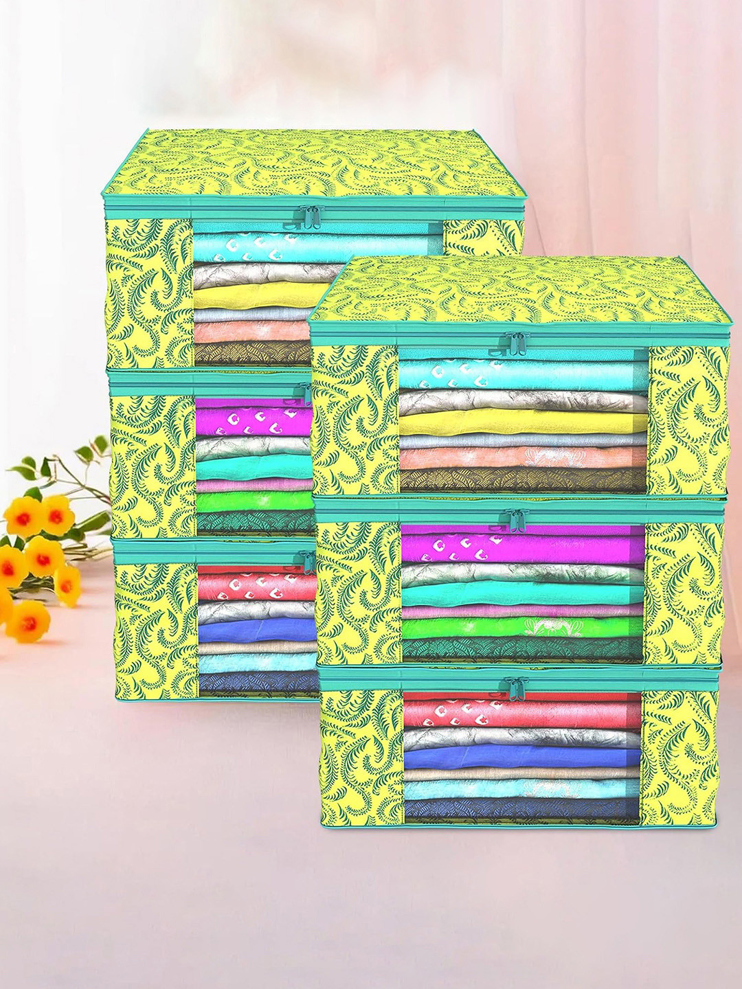 Kuber Industries 6 Pcs Green & Blue Leaf Printed Foldable Saree Organisers