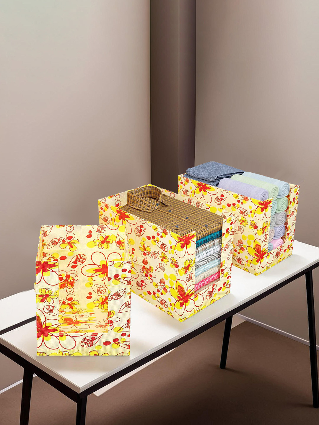 Kuber Industries 3 Pcs Yellow Printed Durable Wardrobe Saree Organisers