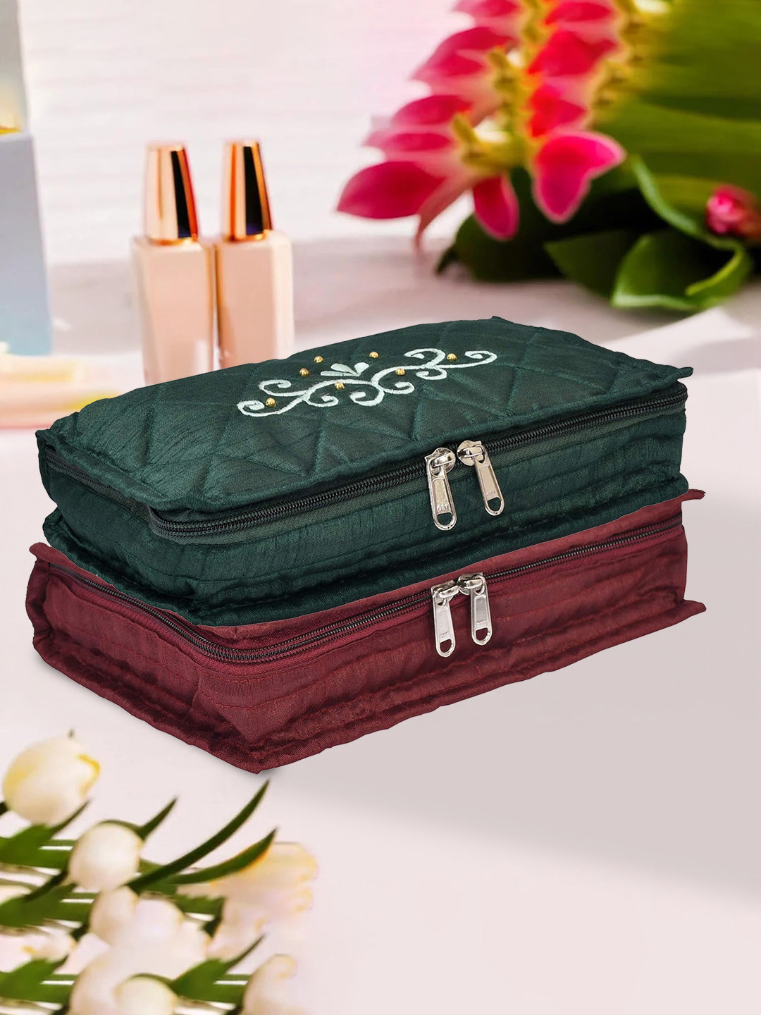 Kuber Industries Green 2 Pcs Embroiderd Satin Jewellery Pouch Cum Makeup Organisers