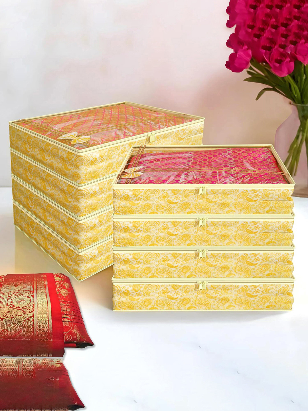 Kuber Industries Gold-Toned 8-Pieces Printed Fabric Sarees Organizers