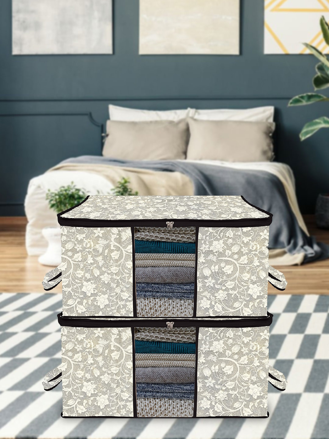 Kuber Industries Black 6 Pieces Flower Printed Foldable Storage Organizers